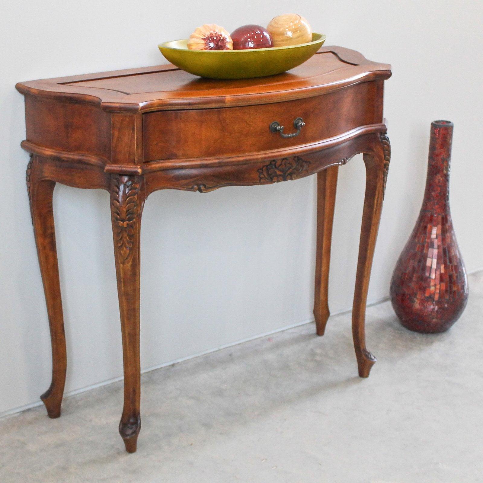 Elegant Windsor Hand-Carved Demilune Walnut Wood Console Table with Storage