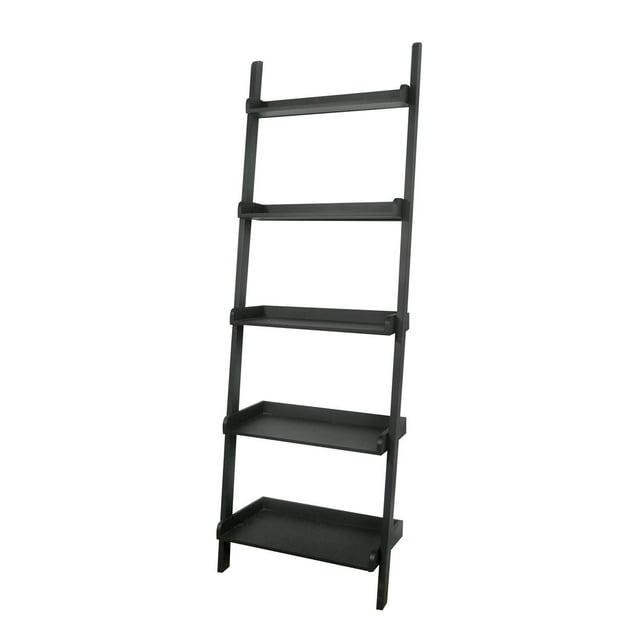 75.5" 5 Tier Solid Wood Leaning Bookshelf Black - International Concepts