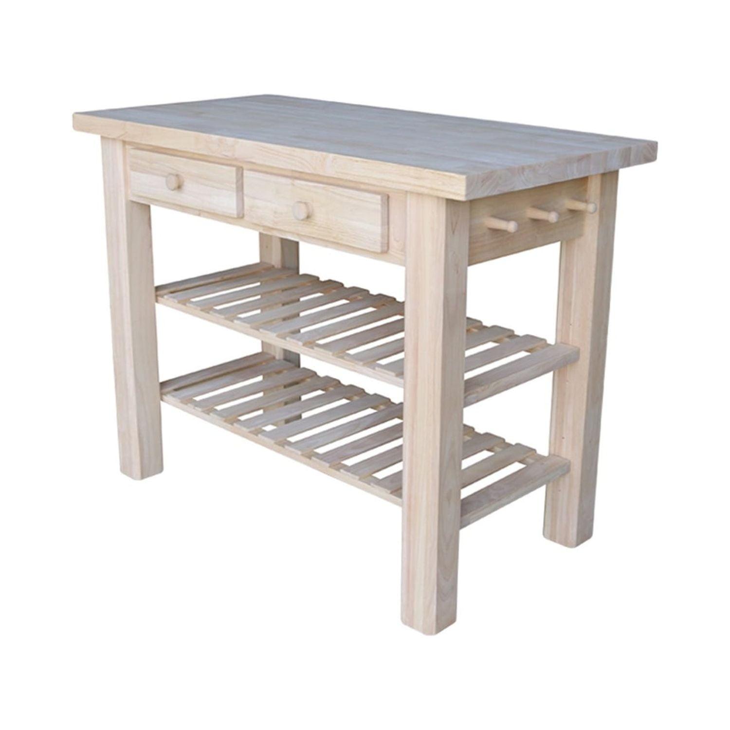 Natural Parawood Kitchen Island with Drawers and Shelves