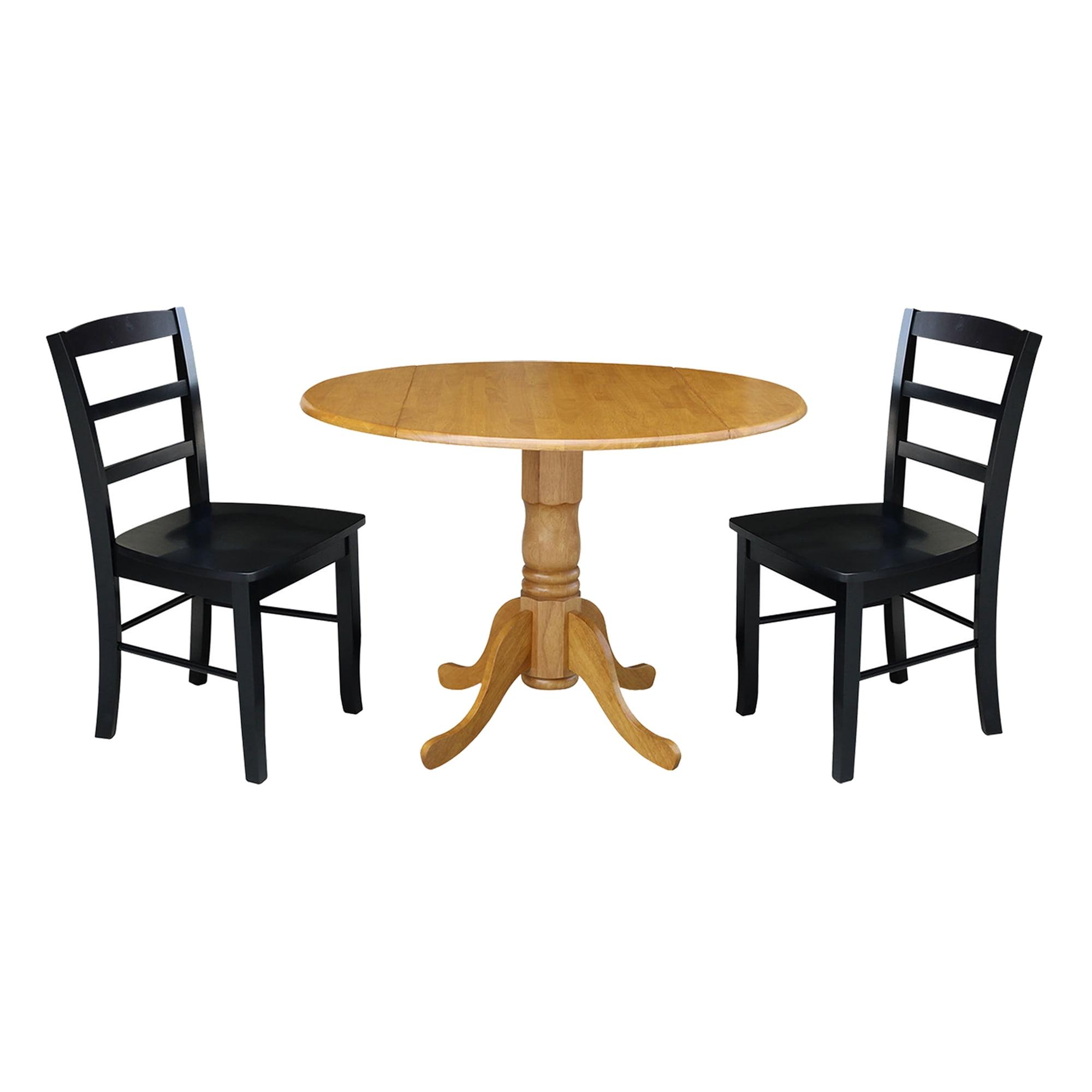 Classic Oak & Black Solid Parawood 3-Piece Dining Set with Dual Drop Leaf Table