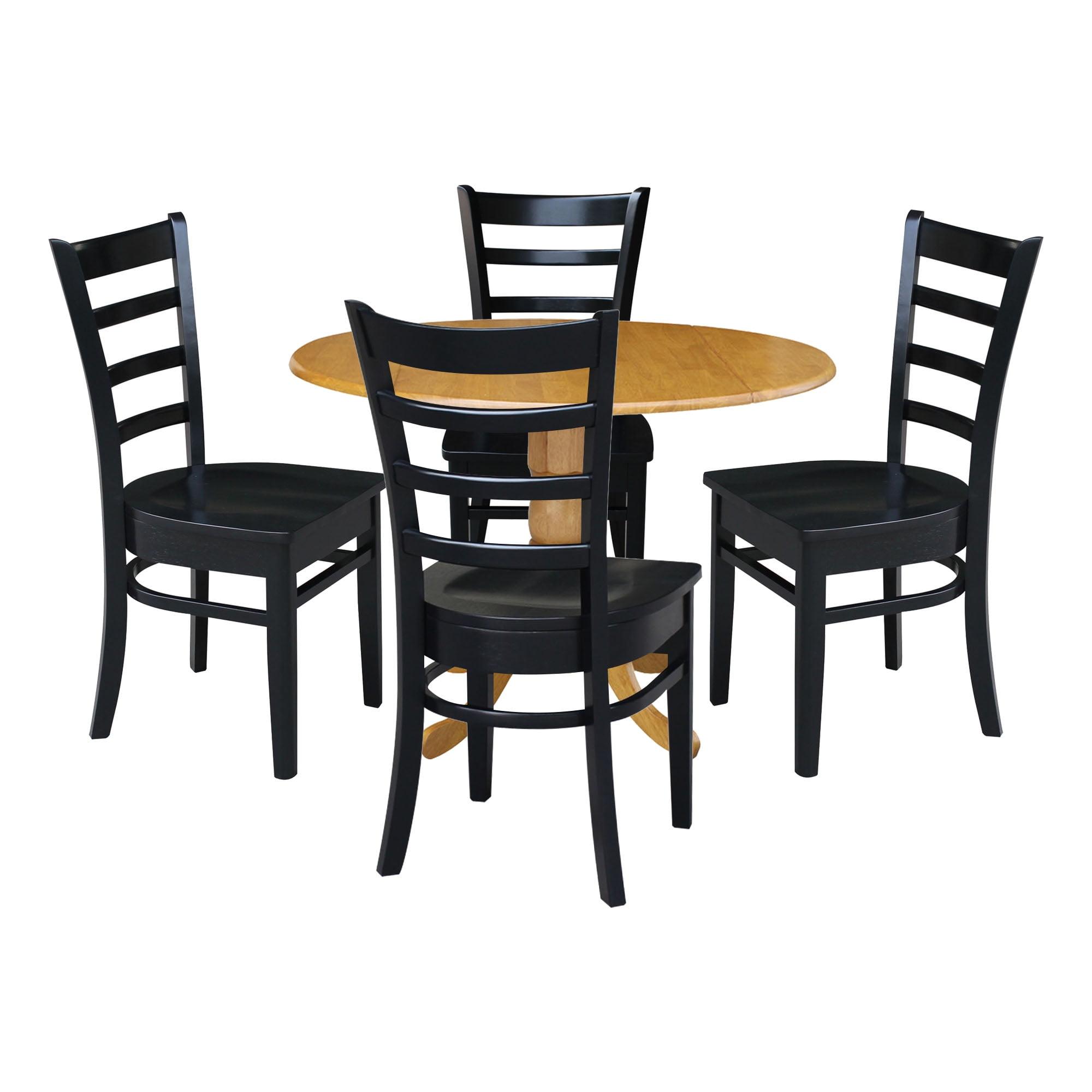 Versatile Dual Drop-Leaf Oak and Black Dining Set with 4 Ladder Back Chairs