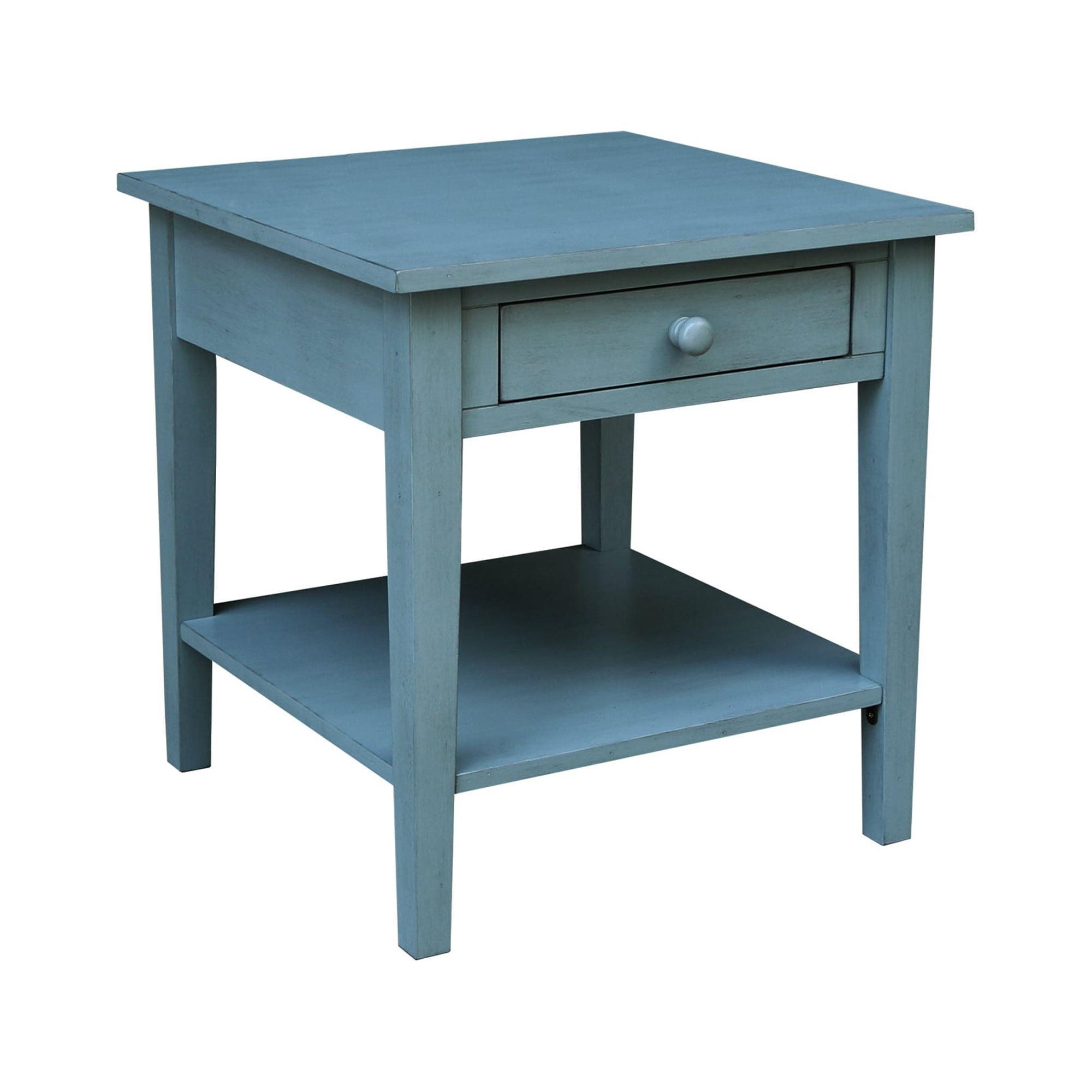 Antique Rubbed Ocean Blue Solid Wood End Table with Storage