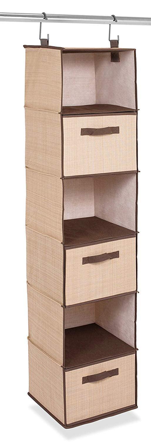 Beige Hanging Closet Organizer with 3 Drawers and 6 Shelves