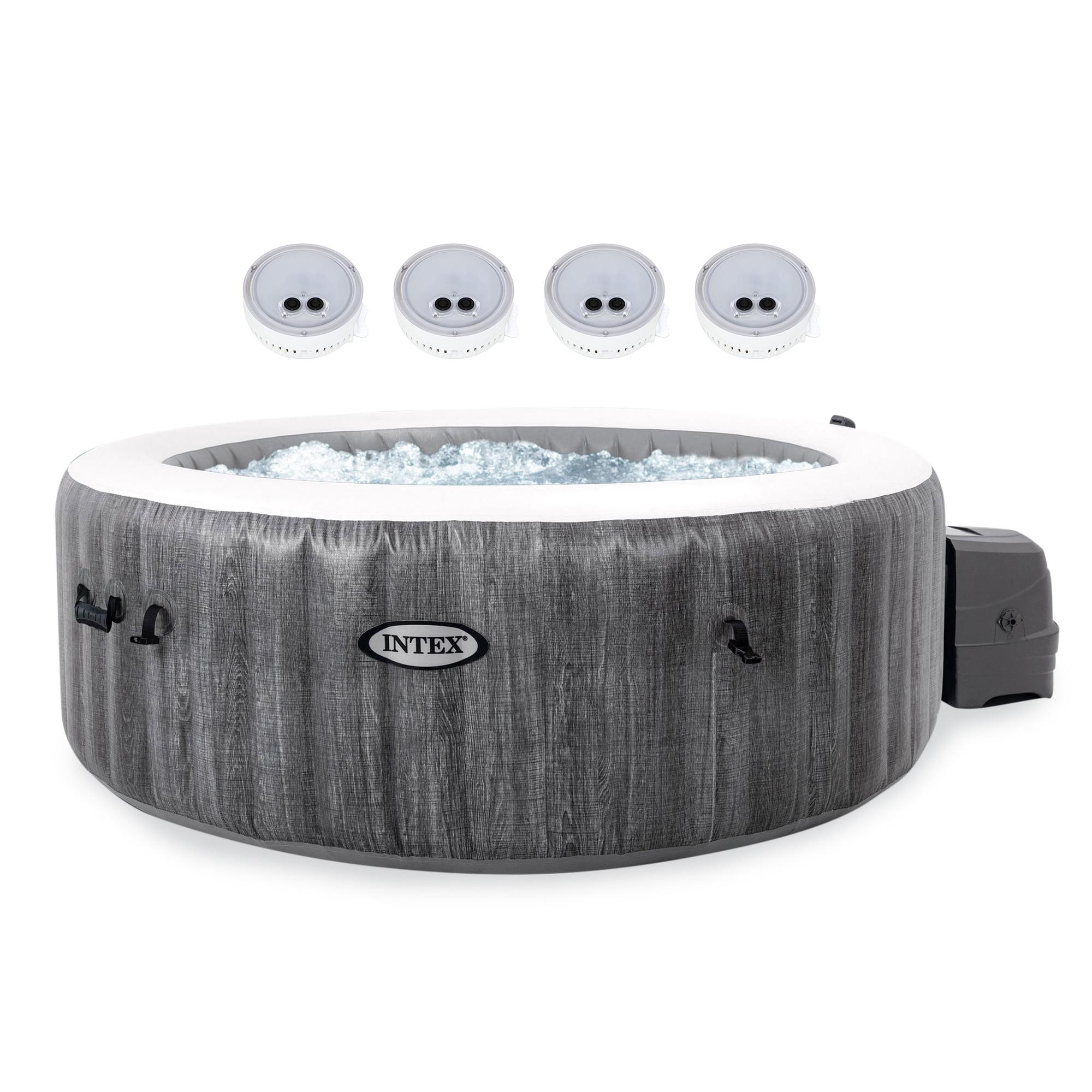 Intex 28439EP PureSpa Plus Greywood Inflatable Hot Tub Bubble Jet Spa with 4 Battery Powered Submersible Multi-Colored LED Lights