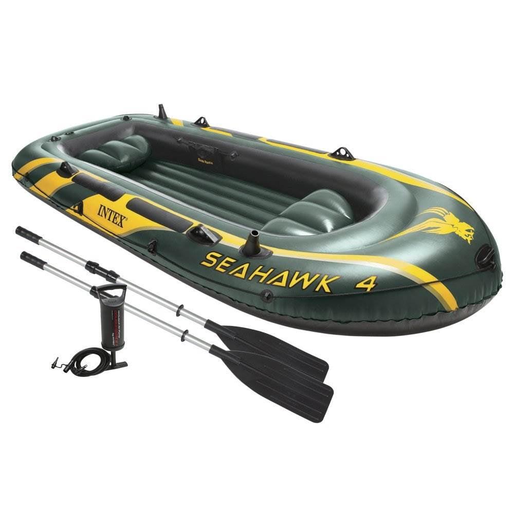 INTEX 68351EP Seahawk 4 Inflatable Boat Set: Includes Deluxe 54in Boat Oars and High-Output Pump – SuperStrong PVC – Fishing Rod Holders – 4-Person –