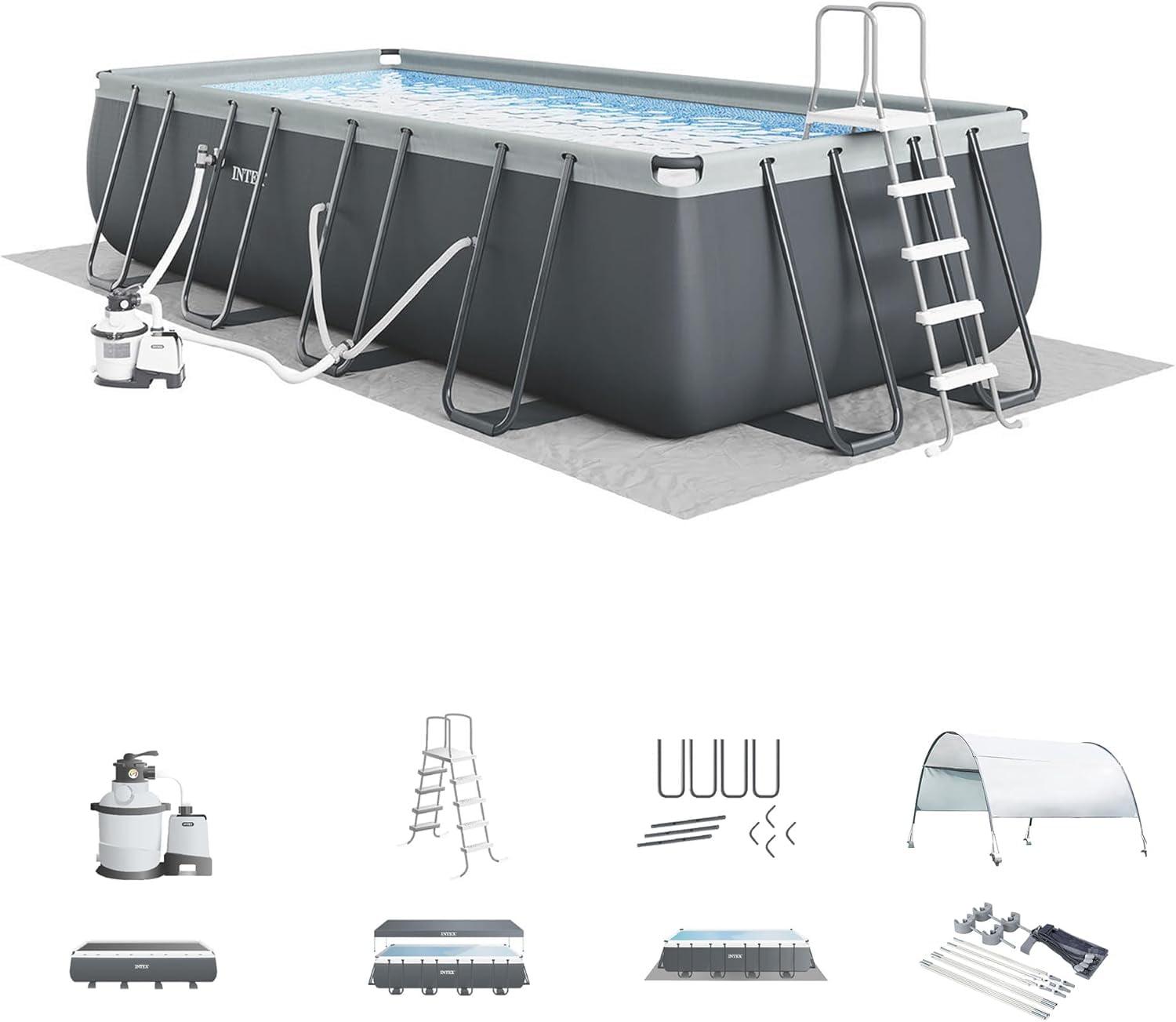 Gray Rectangular Metal Frame Pool with Pump and Canopy, 24' x 12' x 52"