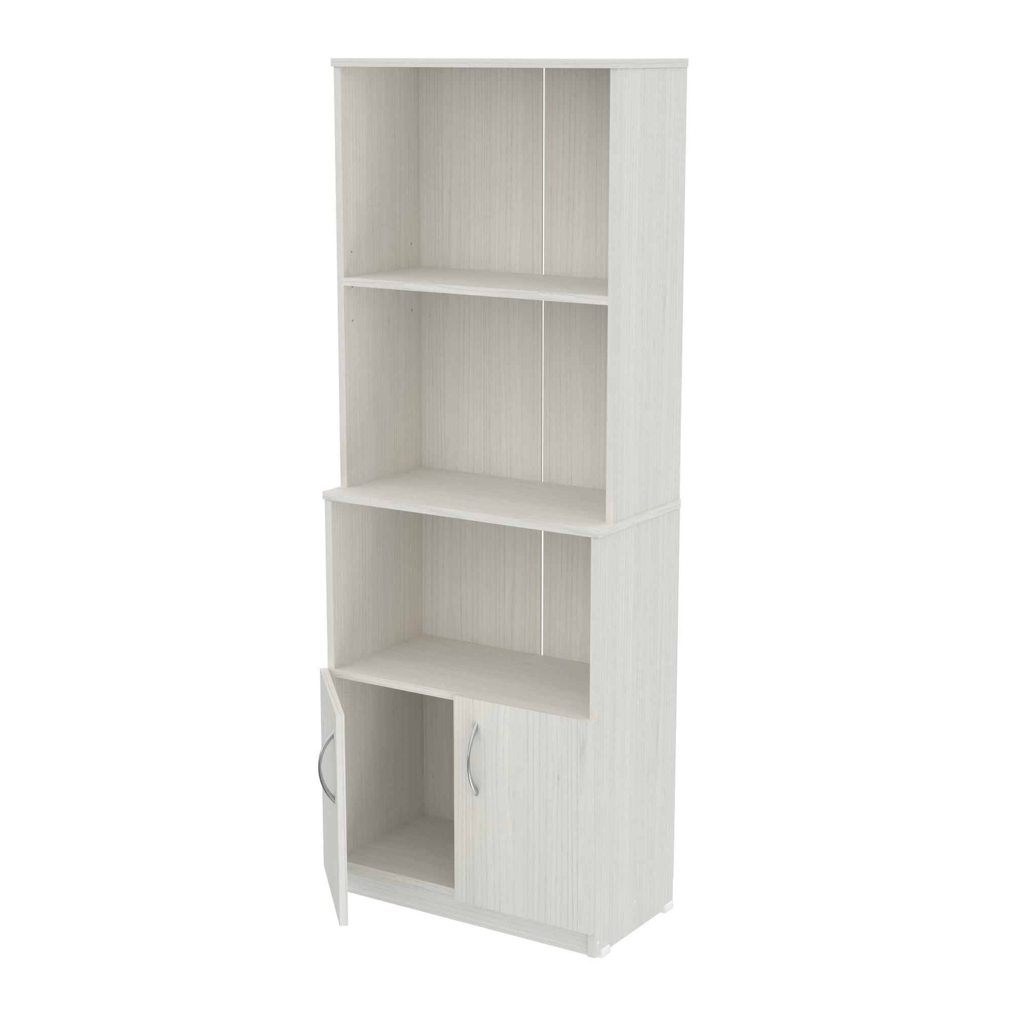 White Oak Adjustable Bookshelf with Cabinet and Metal Handles