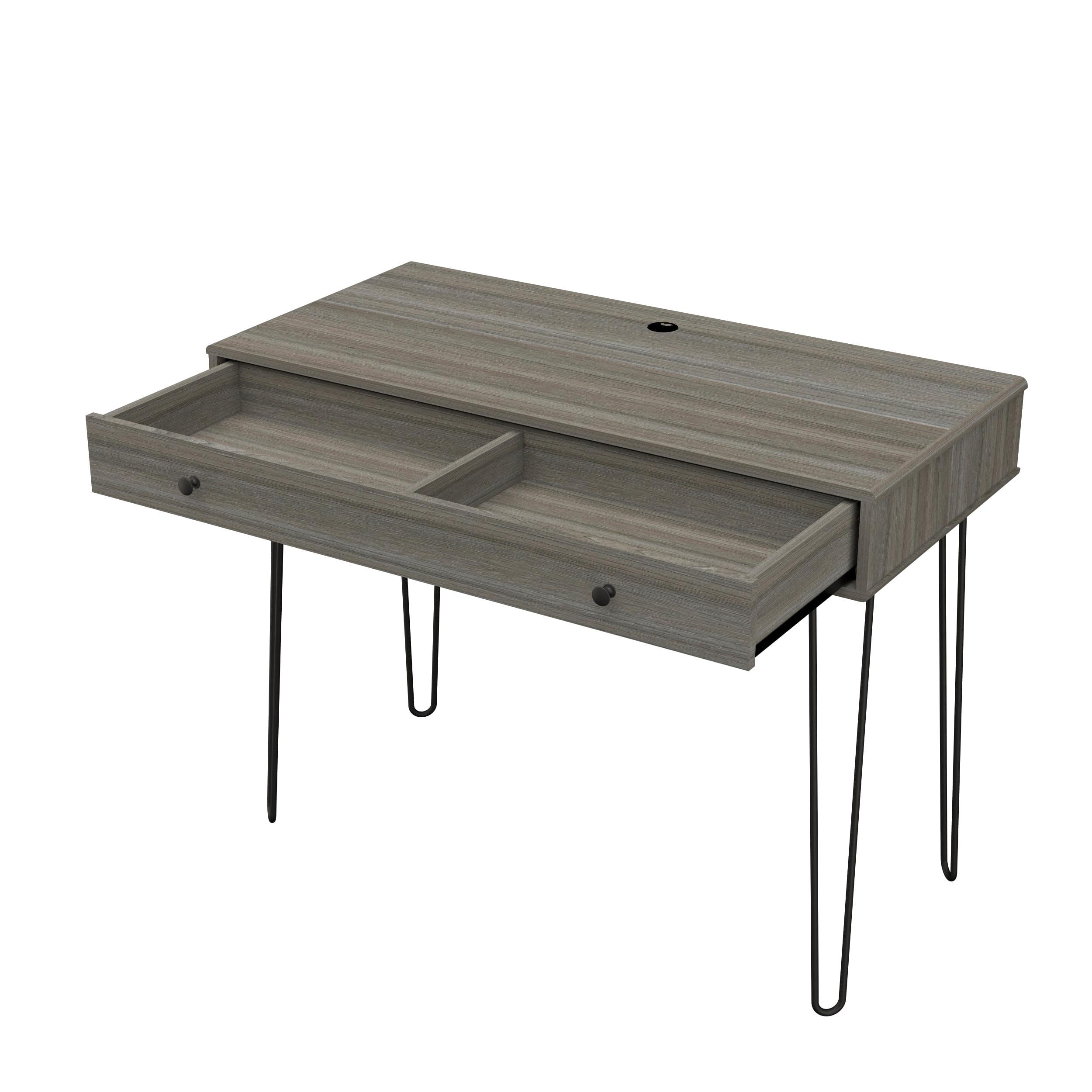 Contemporary Gray Smoke Oak Desk with Brushed Metal Drawer