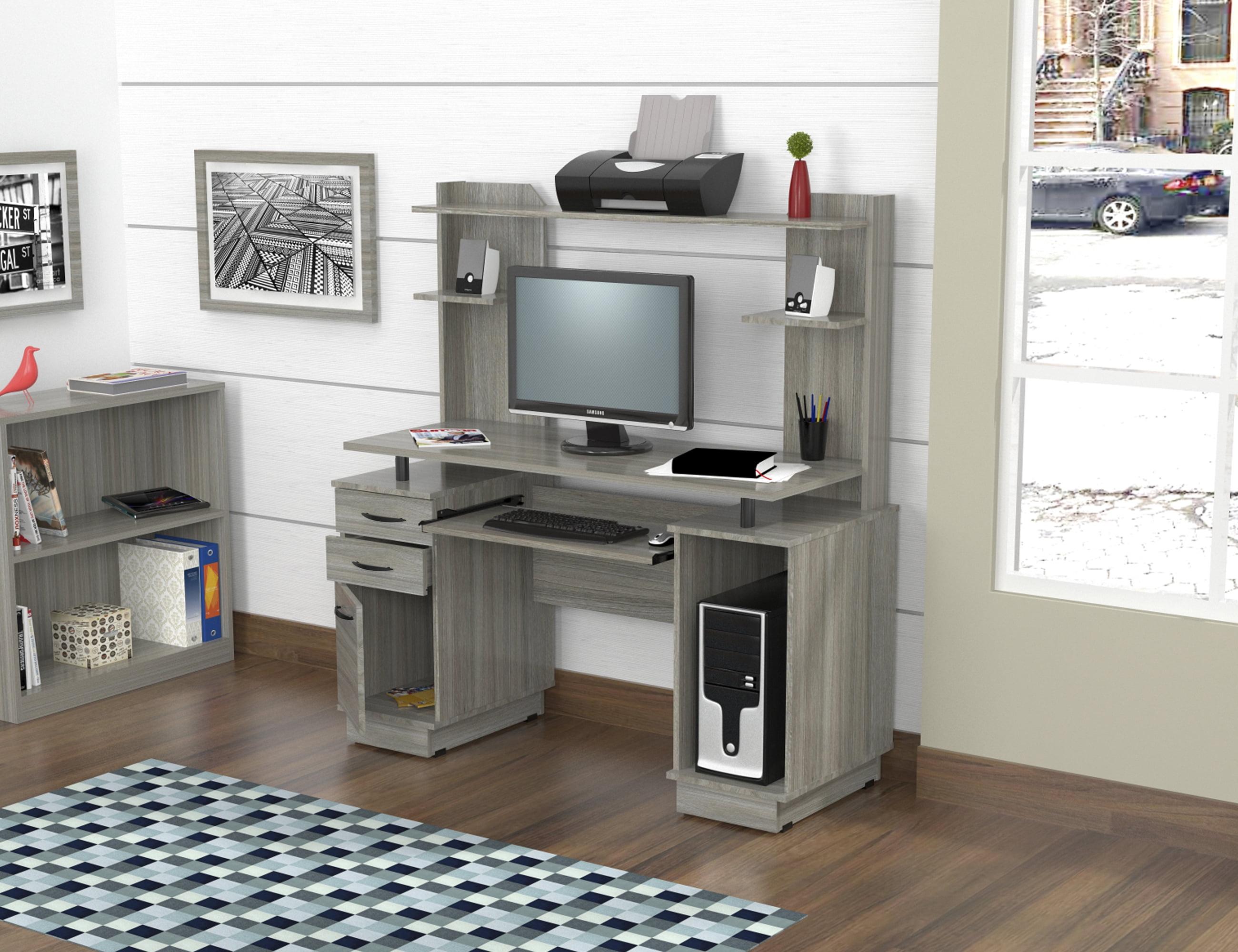 Computer Workcentre With Hutch Smoke Oak - Inval: Modern Laminate Writing Desk, MDF Frame, Open Shelf Storage