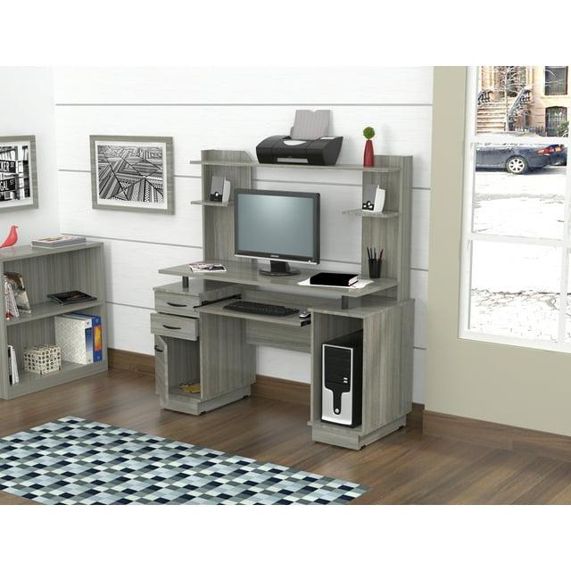 Computer Workcentre With Hutch Smoke Oak - Inval: Modern Laminate Writing Desk, MDF Frame, Open Shelf Storage