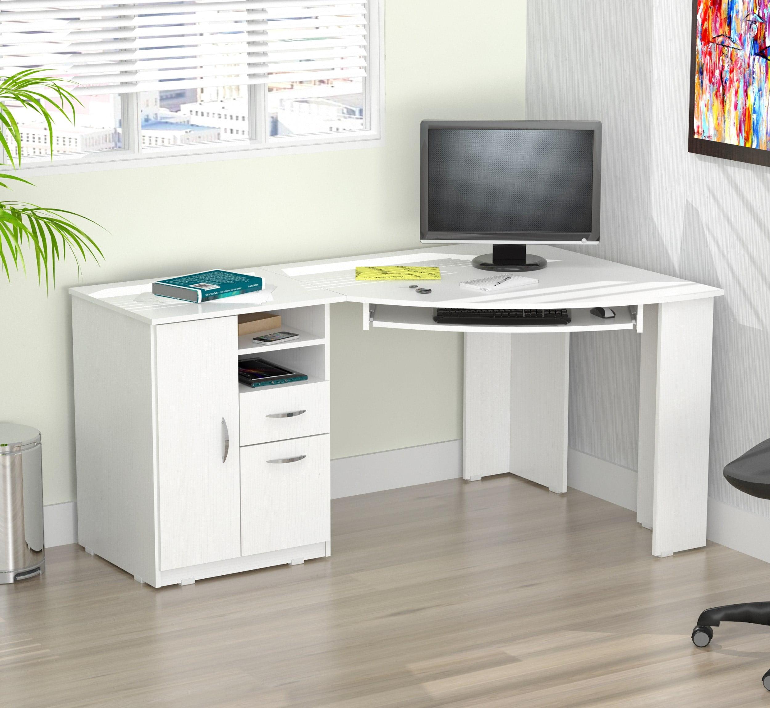 White L-Shaped Corner Desk with Drawers and Keyboard Tray