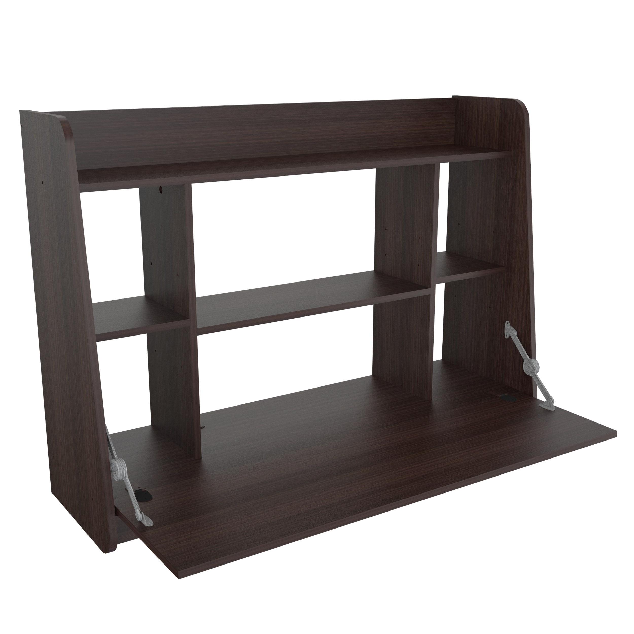 Espresso Foldable Wall Desk with Storage Shelves