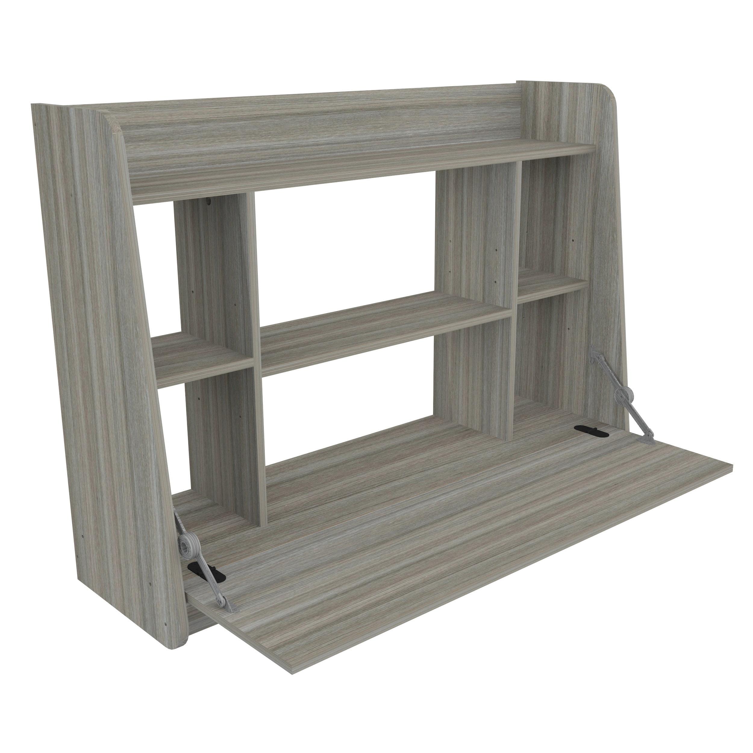 Smoke Oak Foldable Wall-Mounted Desk with Storage Shelves