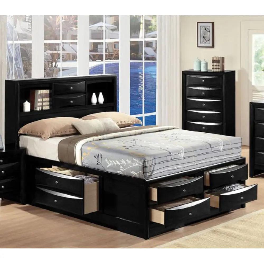 Transitional Black Queen Storage Bed with Nickel Accents and Bookcase Headboard