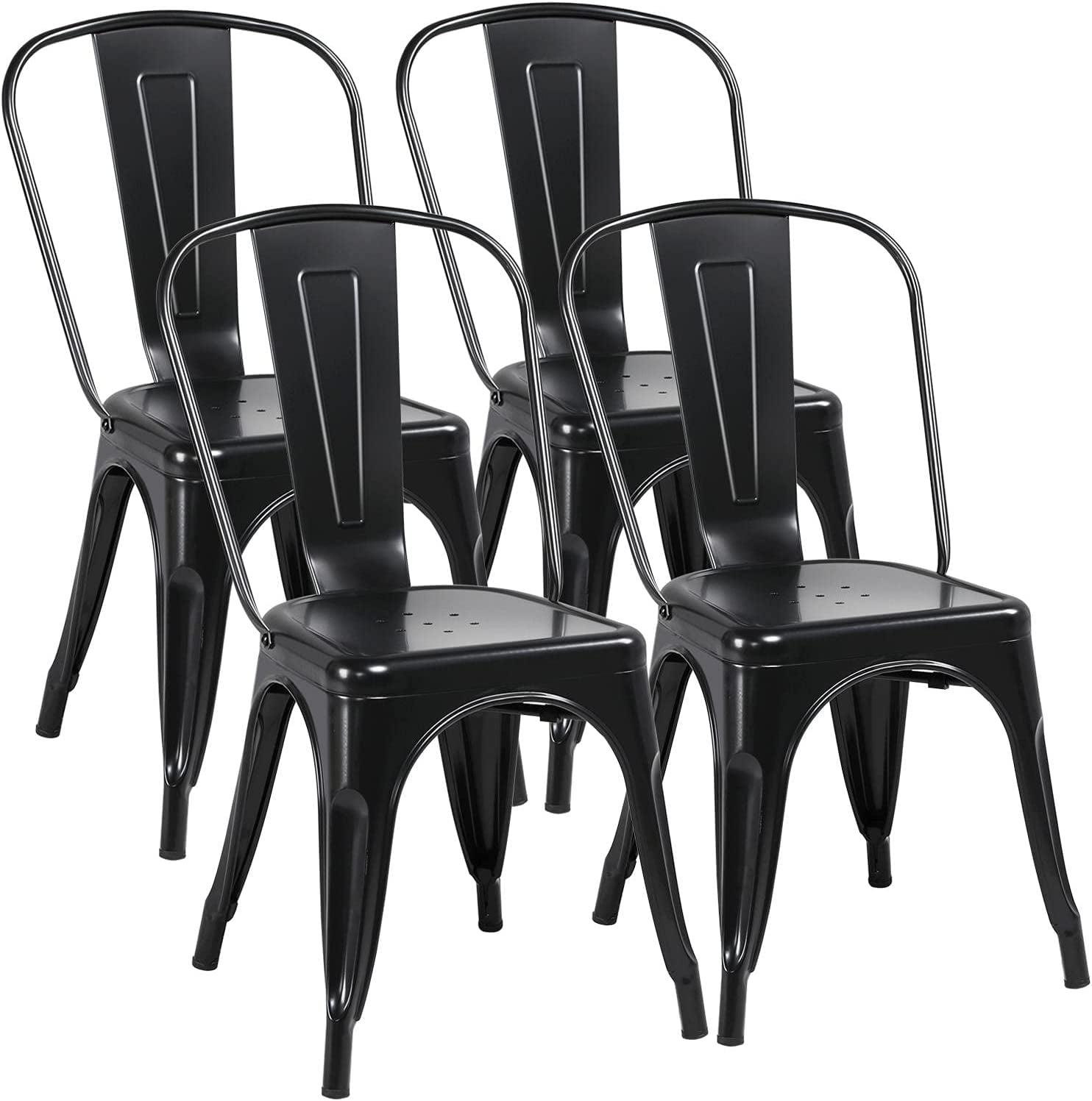 Iron Metal Dining Chairs Stackable Side Chairs Bar Chairs with Back Indoor/Outdoor Classic/Chic/Industrial/Vintage Bistro Trattoria Kitchen Restaurant Matte Black, Set of 4