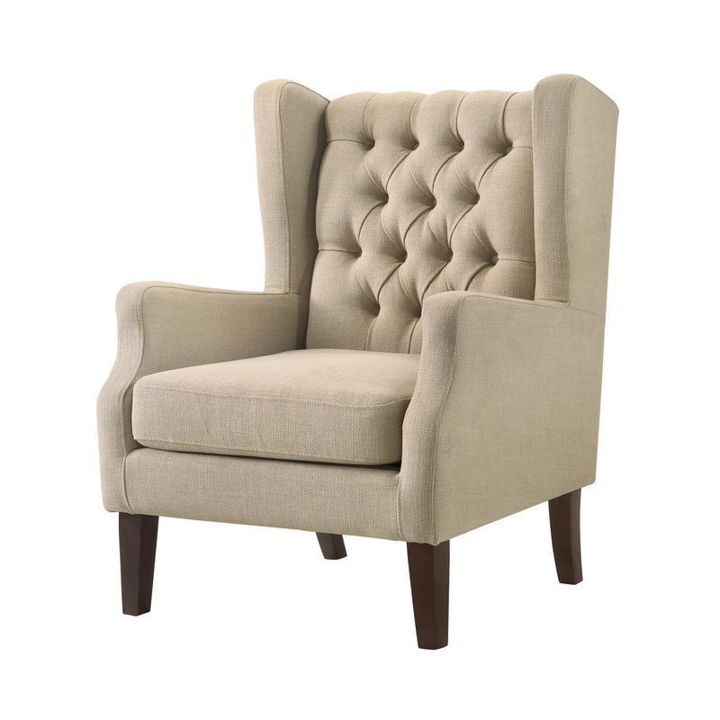 Irwin Beige Linen Fabric Button Tufted Wingback Chair with Espresso Legs