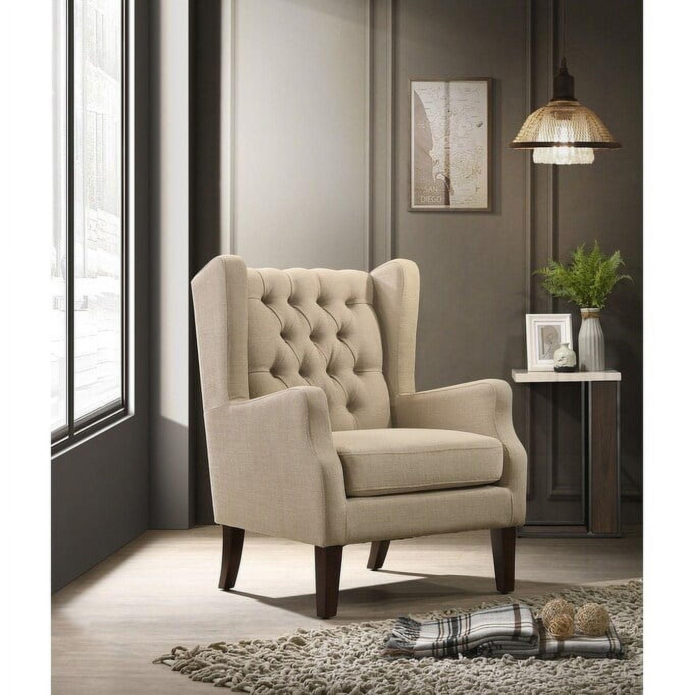 Beige Linen Wingback Accent Chair with Solid Wood Legs