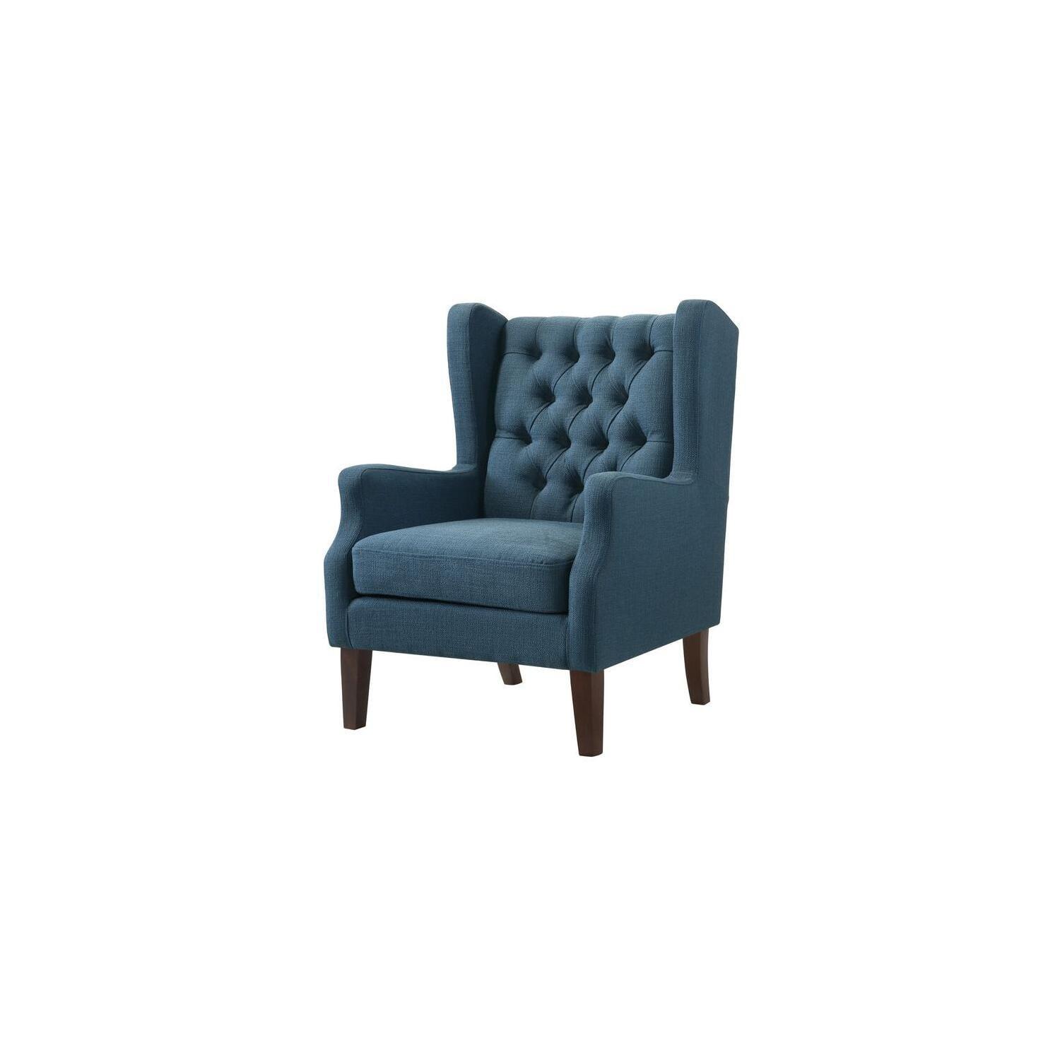 Blue Linen Button Tufted Wingback Accent Chair with Wood Legs