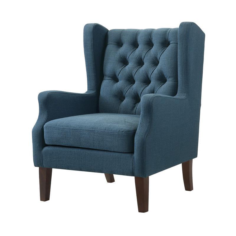 Blue Linen Button Tufted Wingback Accent Chair with Wood Legs