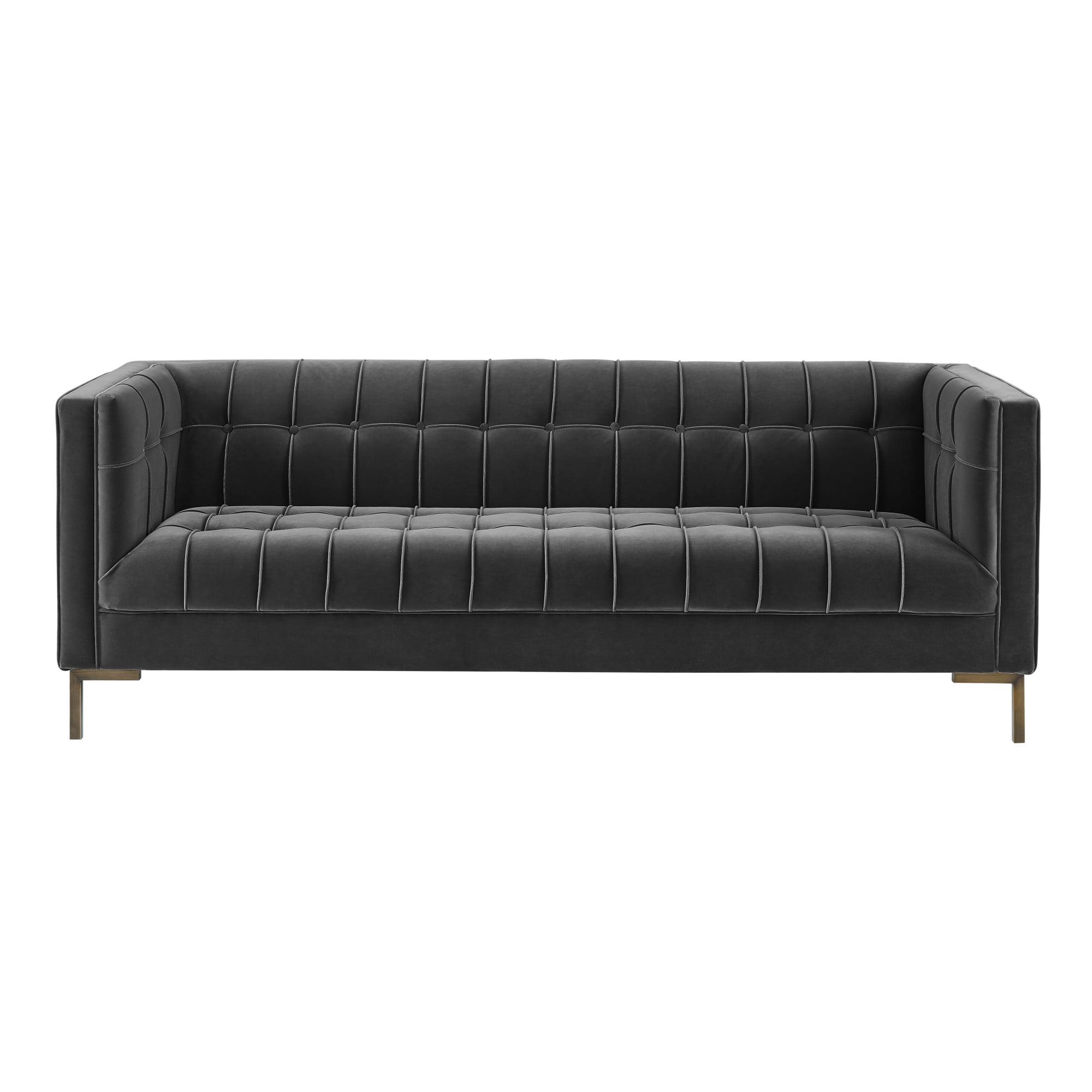 Isaac Gray Velvet Tufted Tuxedo Arm Sofa with Brass Legs