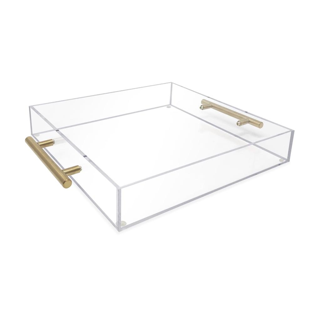 12"x12" Clear Acrylic Serving Tray with Golden Handles, Huge Capacity Sturdy Acrylic Tray for Coffee, Juice, Kitchen and Desk Organizer, Storage Tray (12"x12")