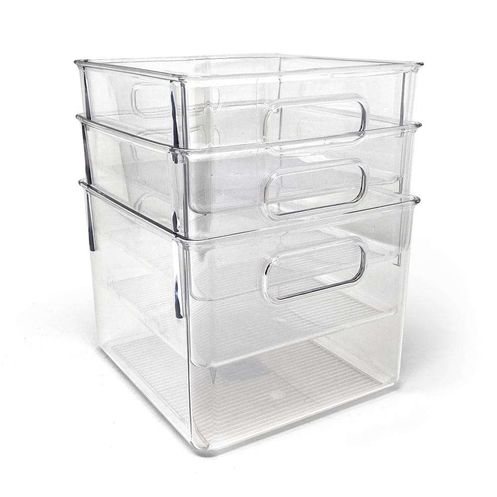 Medium Clear Plastic Organizer Bins with Handles, 3-Pack