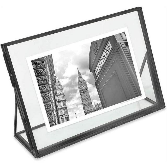 Isaac Jacobs 4x6, Black, Vintage Style Brass and Glass, Floating Photo Frame, Metal, Horizontal, with Locket Closure and Angled Base, for Pictures, Art, Mementos, Keepsakes 4x6, Black