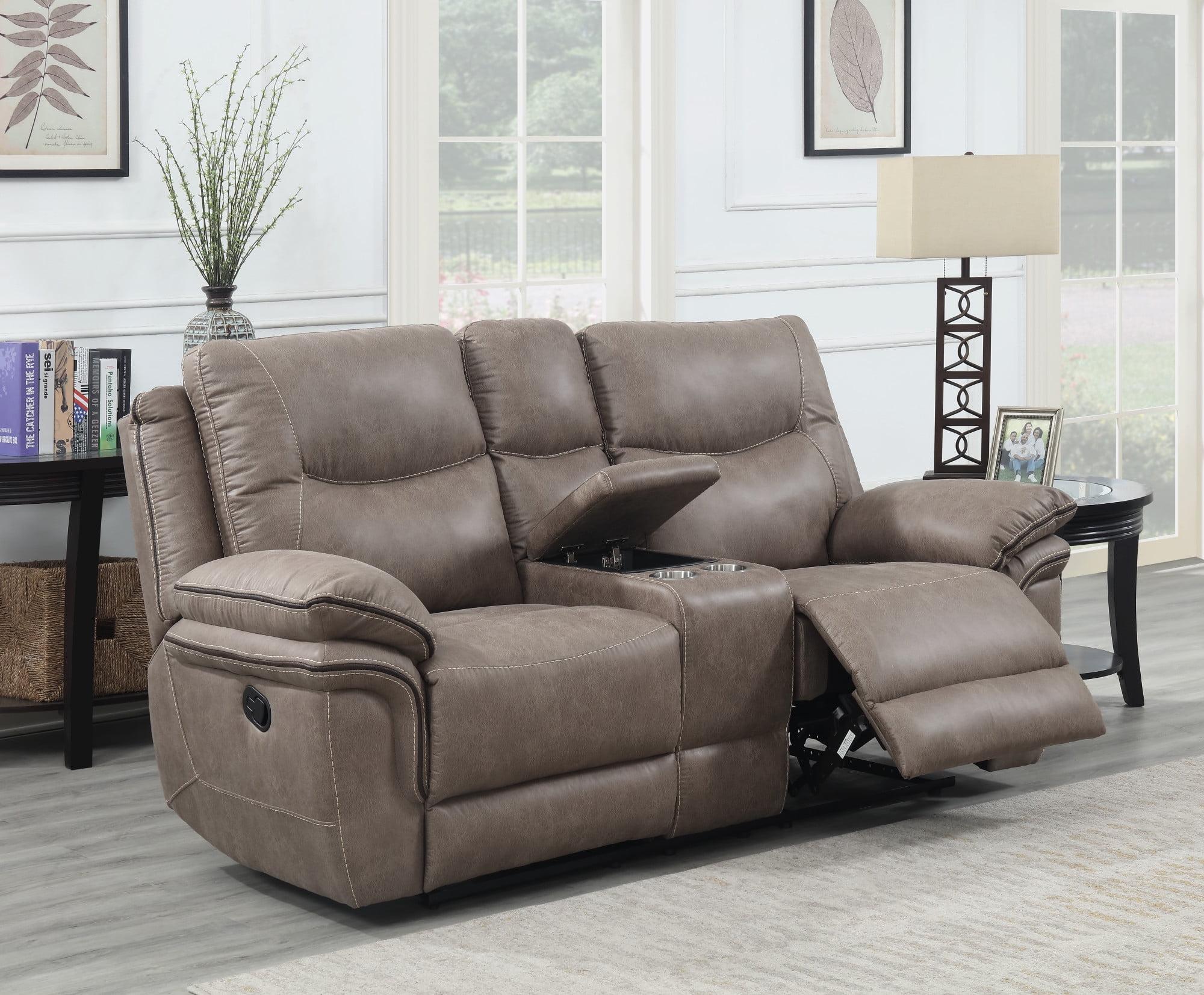 Sand Faux Leather Reclining Loveseat with Storage and Cup Holders