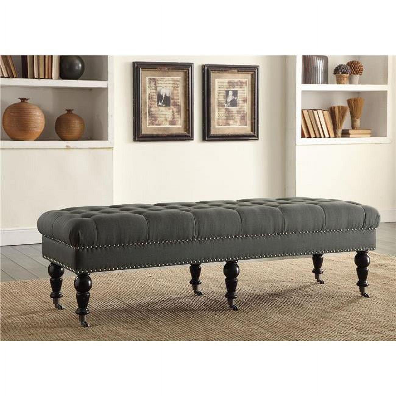 Isabelle 62" Charcoal Linen Upholstered Bench with Silver Nailheads