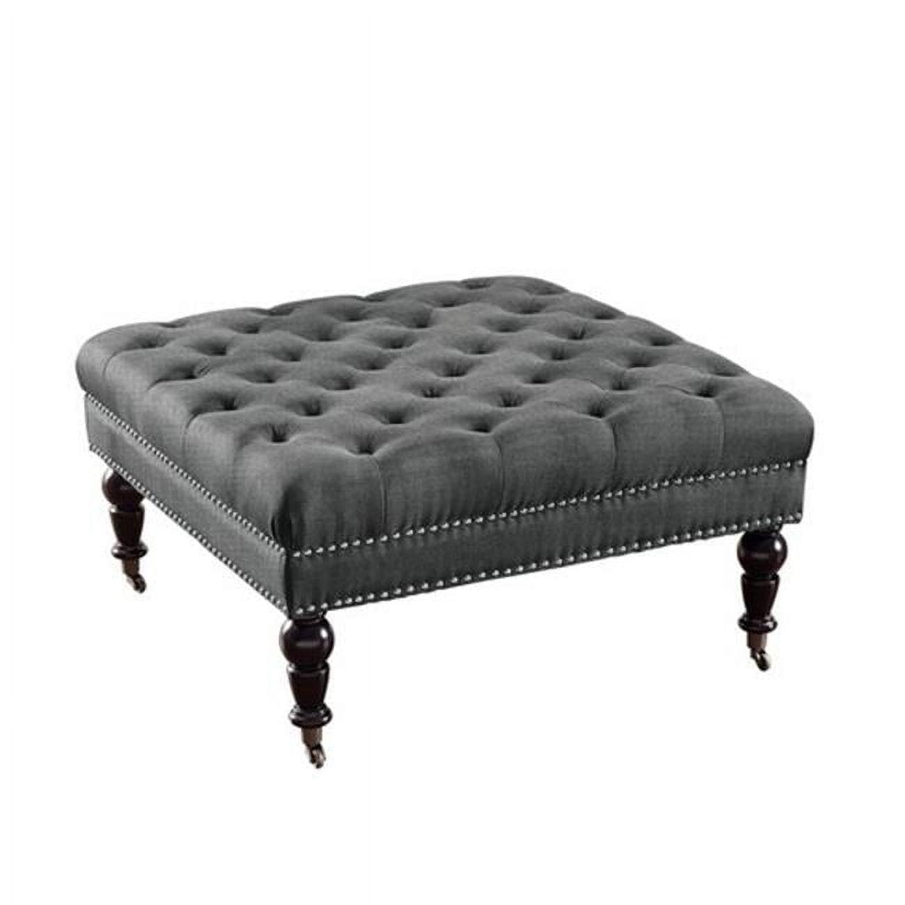 Isabelle Charcoal Linen 35" Square Tufted Ottoman with Nailhead Trim