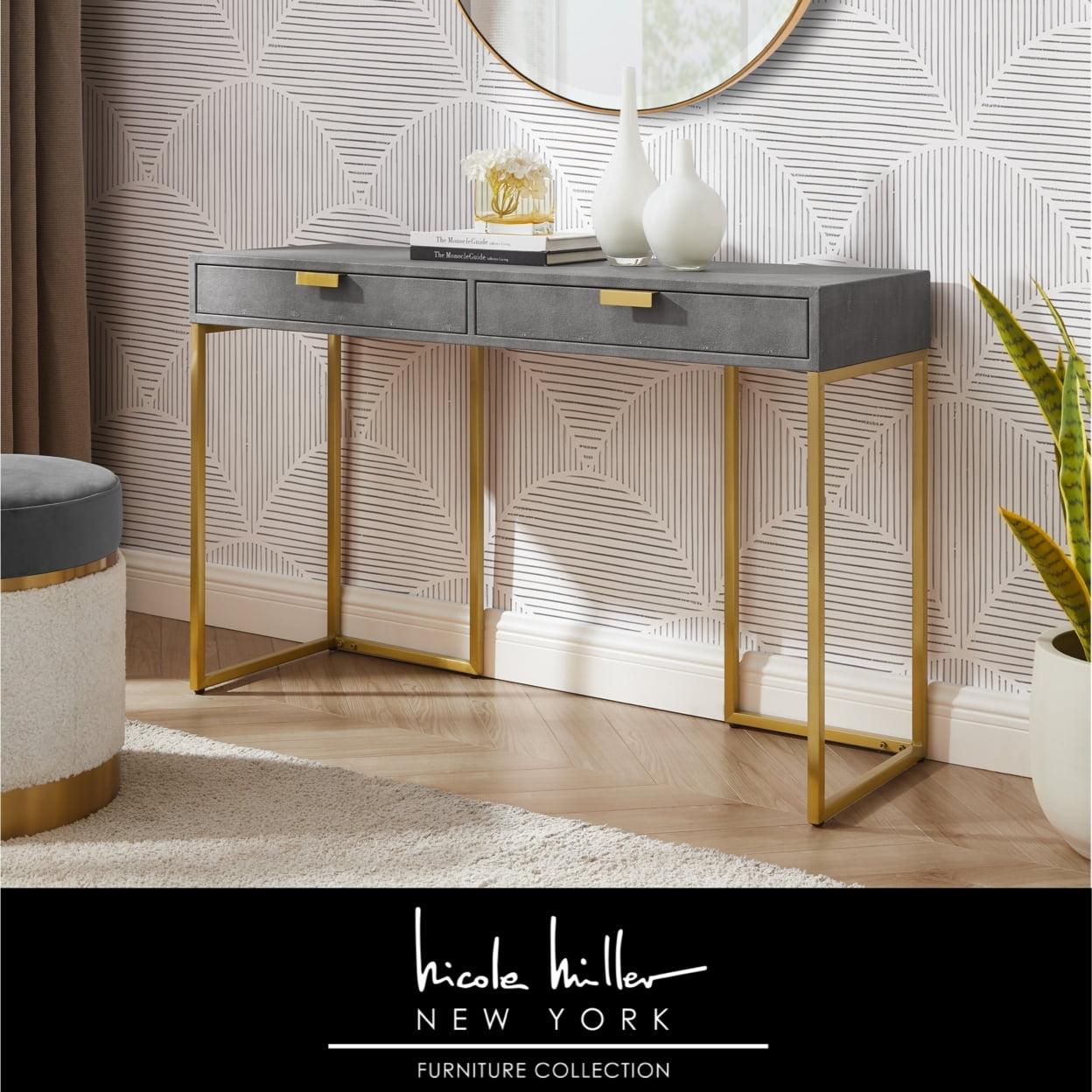 Modernist Grey Shagreen & Brushed Gold Console Table with Storage