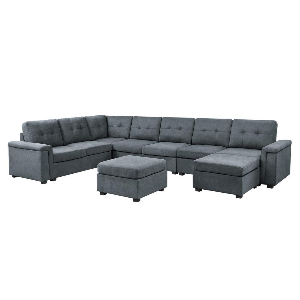 Isla 9-Seater Tufted Gray Fabric Sectional Sofa with Ottomans