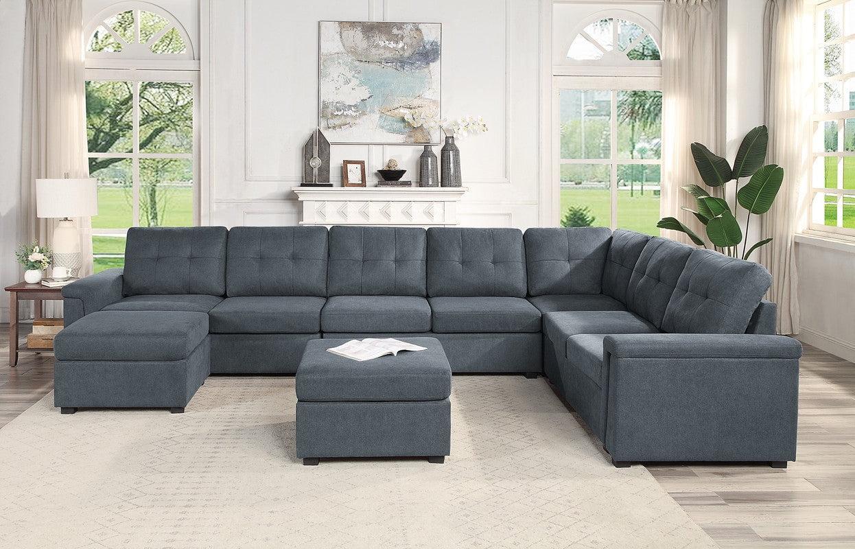 Gray Tufted Fabric 9-Seater Sectional Sofa with Ottomans