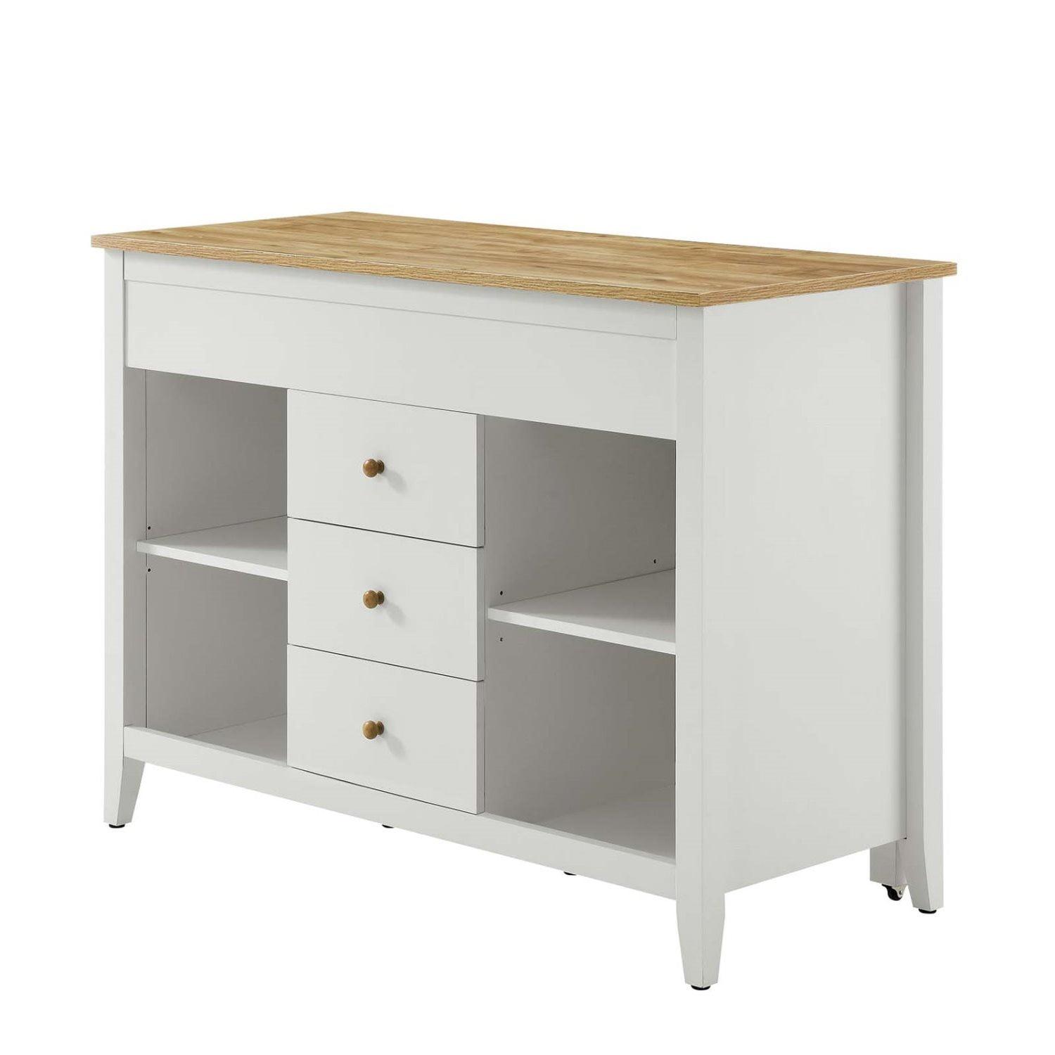 White and Natural Wood Grain Kitchen Island with Storage