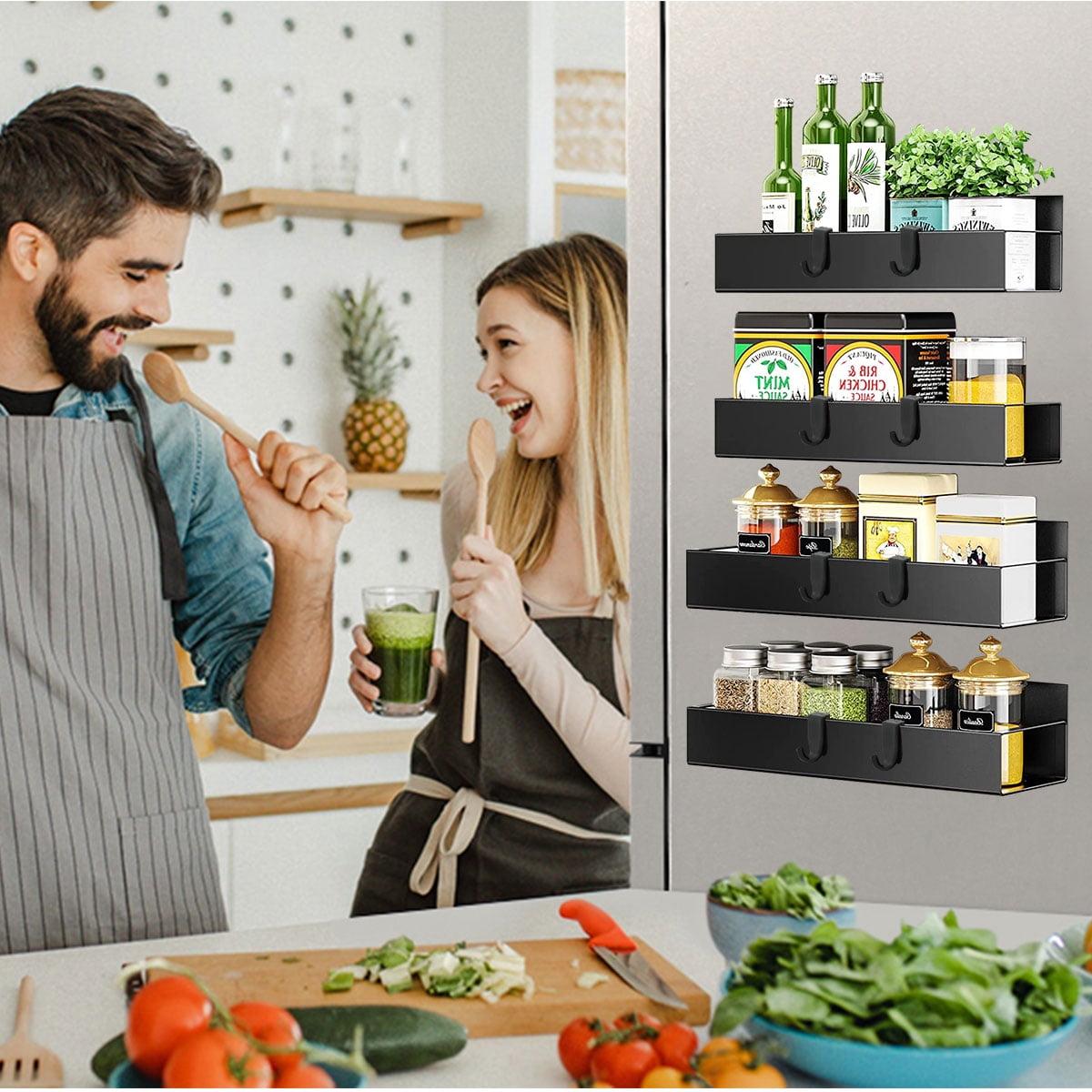 Textiles Hub 4 Pack Magnetic Spice Rack For Refrigerator, Moveable Magnetic Spice Organizer, Black Metal Strong Magnetic Shelf For Fridge And Microwave Oven, Space Saving For Kitchen