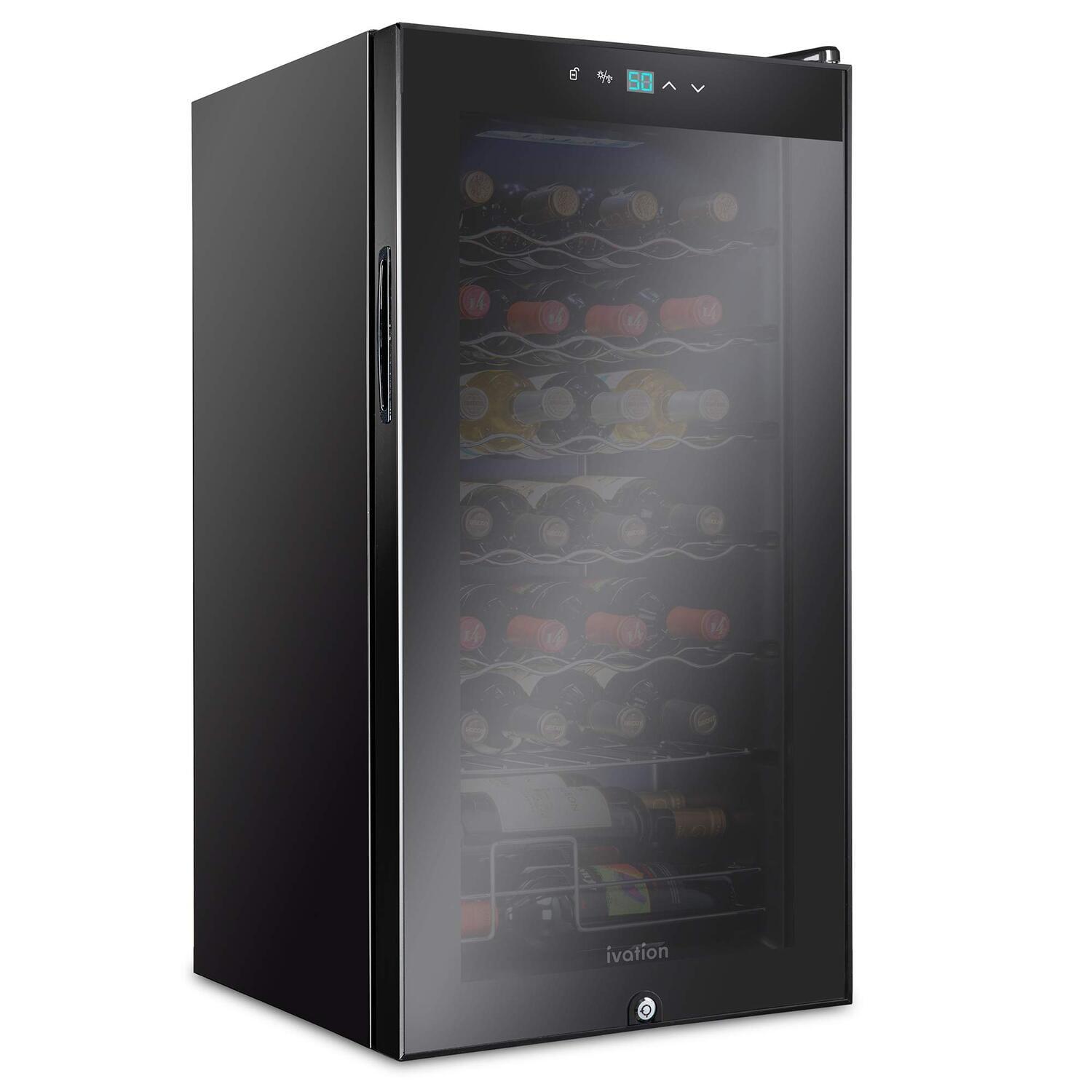 Ivation 28 Bottle Black Freestanding Wine Cooler with Lock