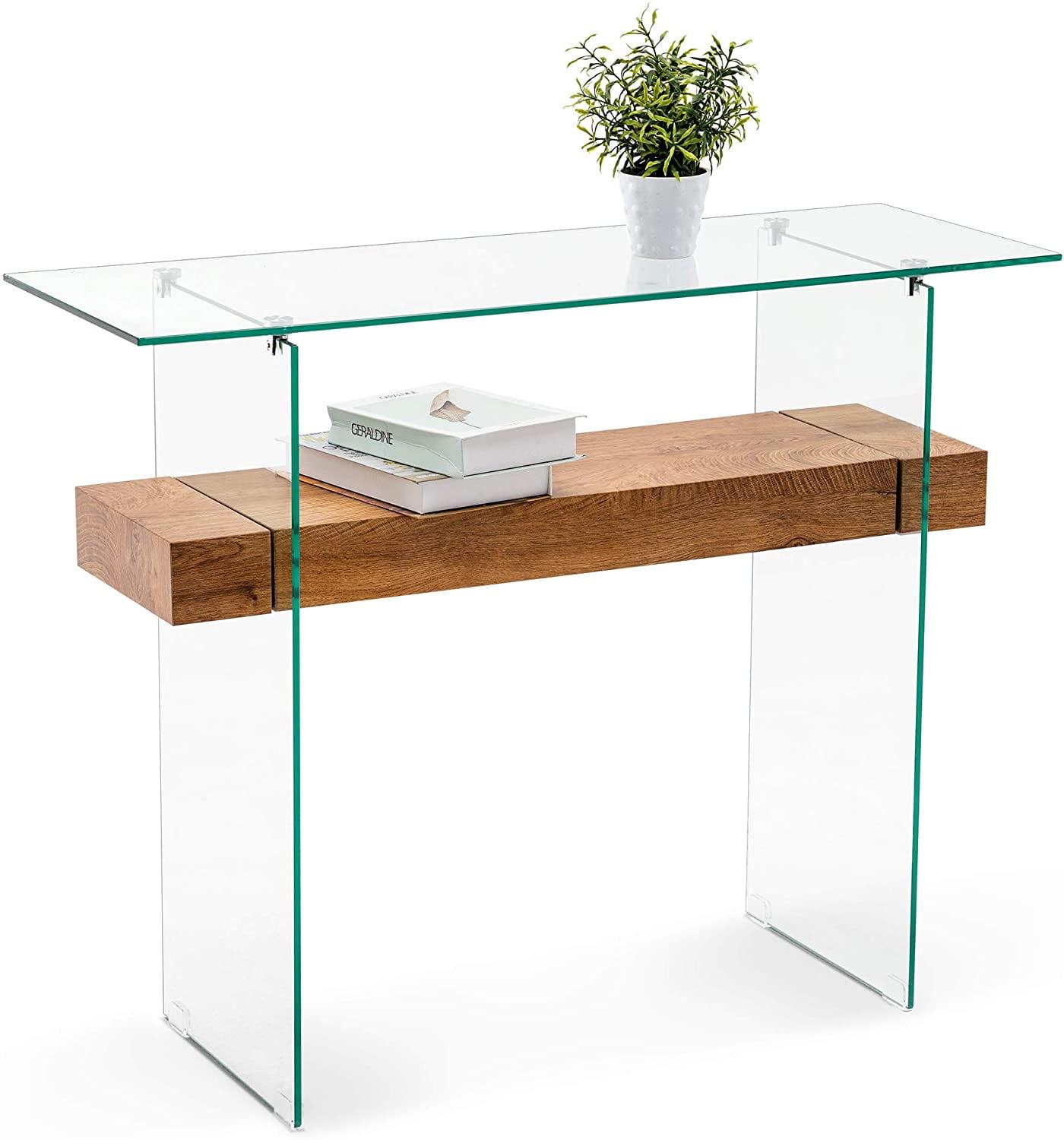 Sleek Dark Brown Glass-Top Console Table with Storage, 39.4"