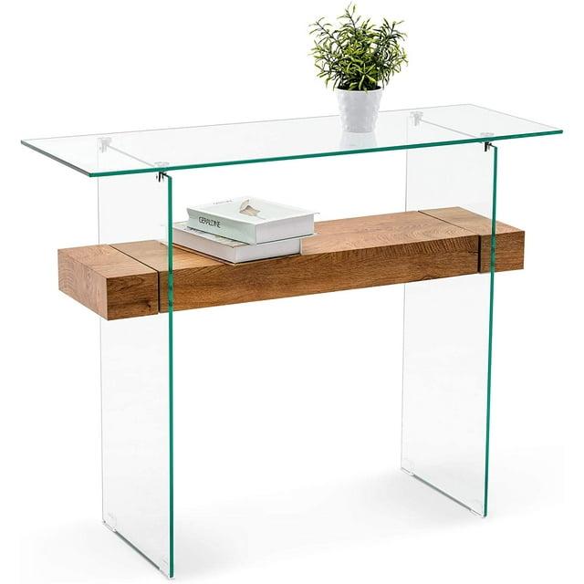 Ivinta Narrow Glass Console Table with Storage Modern Sofa Table Entryway Table Glass Writing Desk Small Computer Desk TV Table Buffet Table Modern Accent Table for Small Space Living Room Hallway