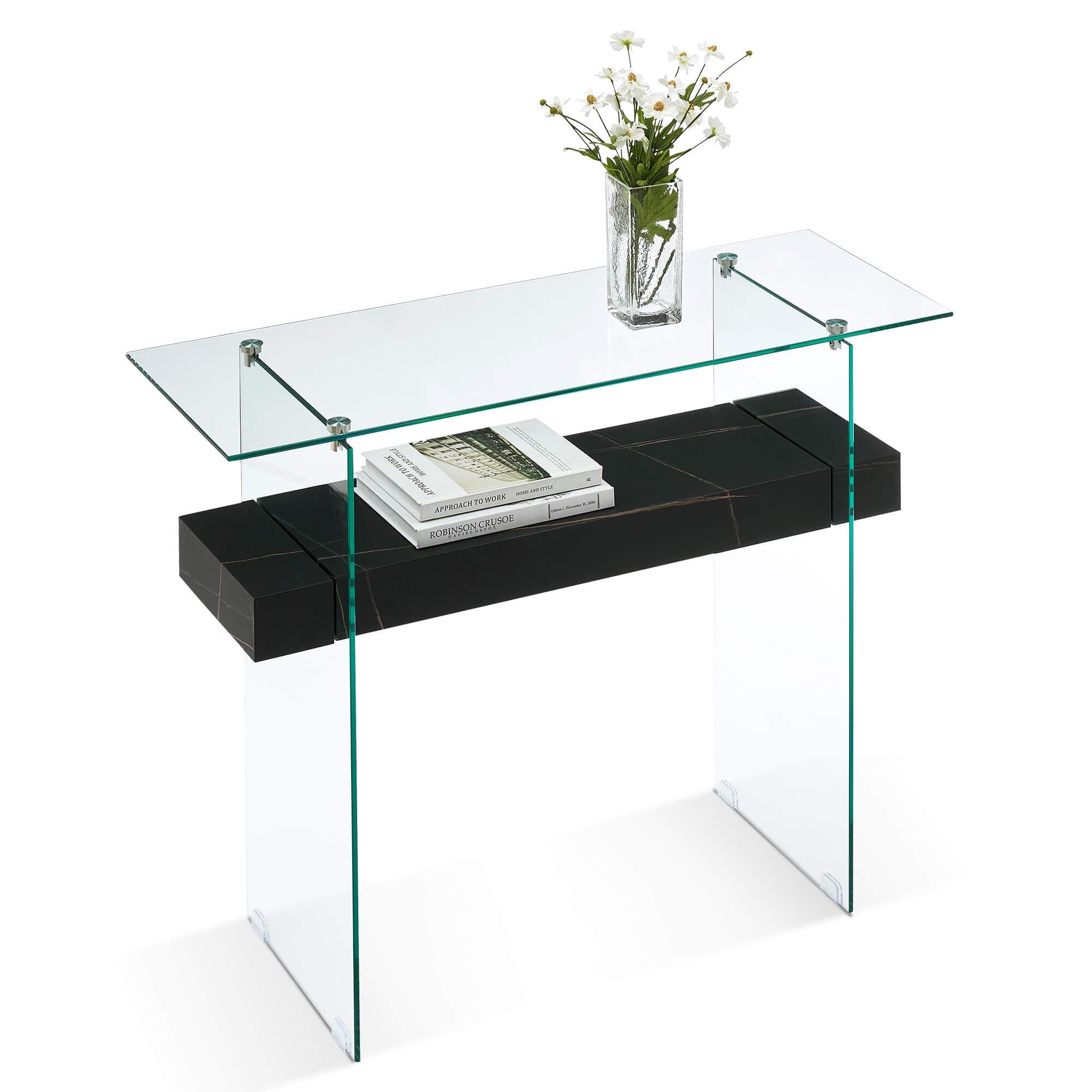 Ivinta Black Glass Console Table with Storage and Wood Shelf