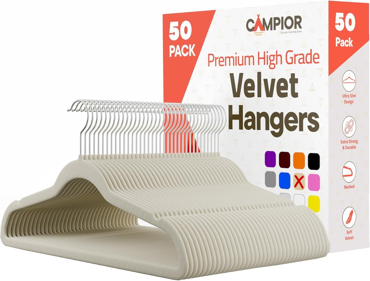 Ivory Velvet Hangers 50 Pack – Heavy-Duty 11 lbs Capacity, 360° Swivel Hook, Non-Slip & Space-Saving Design – Smooth Velvet Finish for Crease-Free Clothes & Effortless Closet Organization