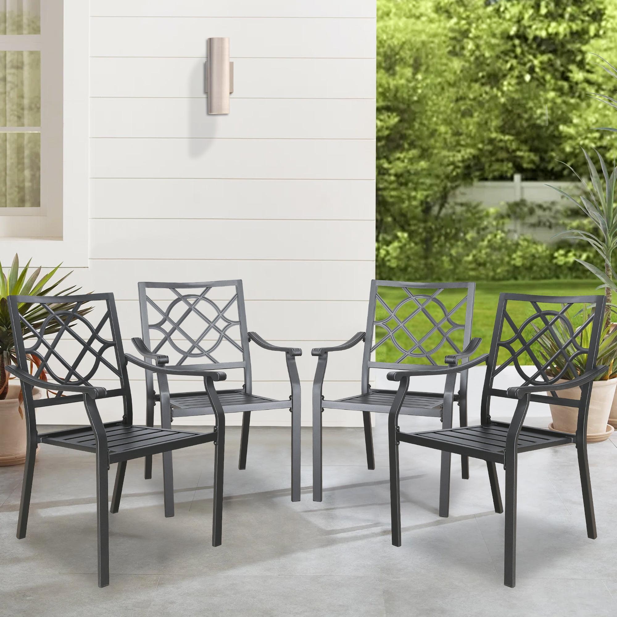 Black Steel Stackable Outdoor Dining Chairs with Armrests, Set of 4