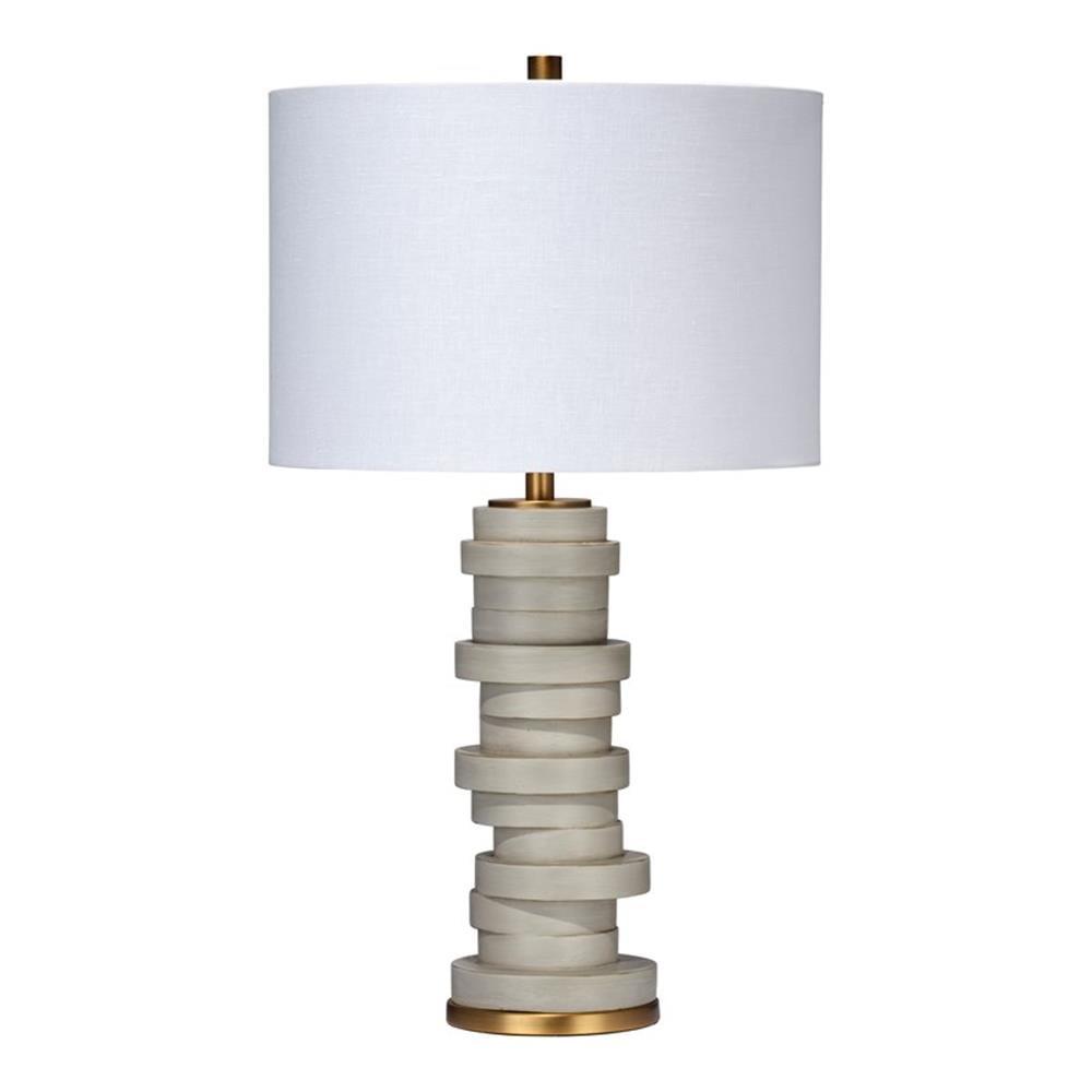 Gray Resin Stacked Discs Table Lamp with White Linen Shade