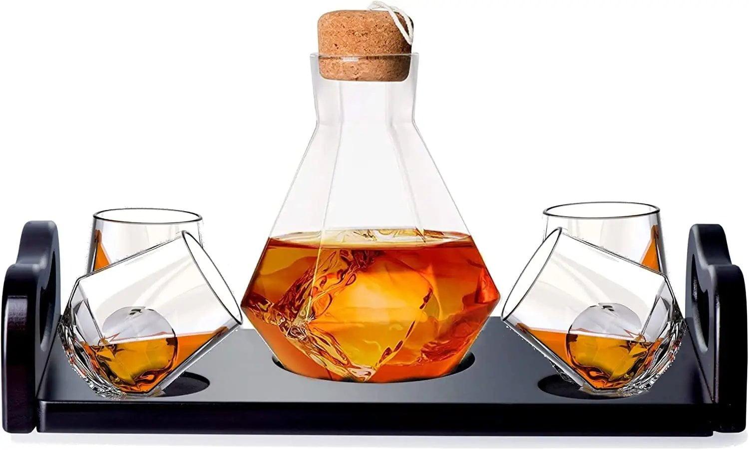 J&V TEXTILES 6-Piece Italian Crafted Glass Decanter & Whisky Glasses Set, Elegant Whiskey Decanter with Ornate Stopper Wooden Base and 4 Exquisite Cocktail Glasses