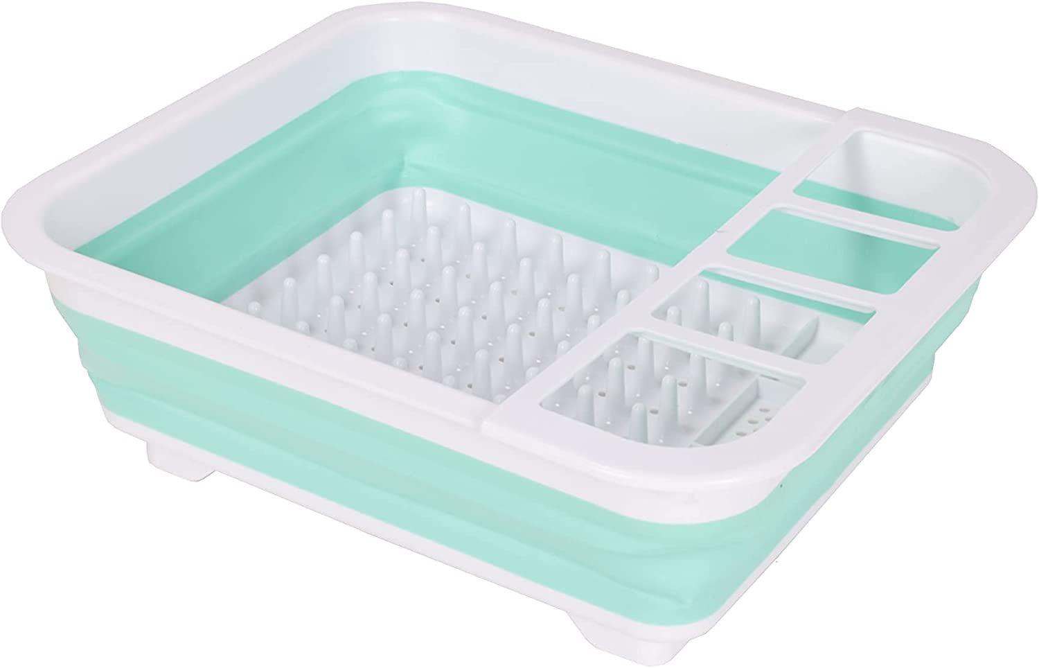 Blue Collapsible Plastic Dish Drying Rack with Cutlery Compartment