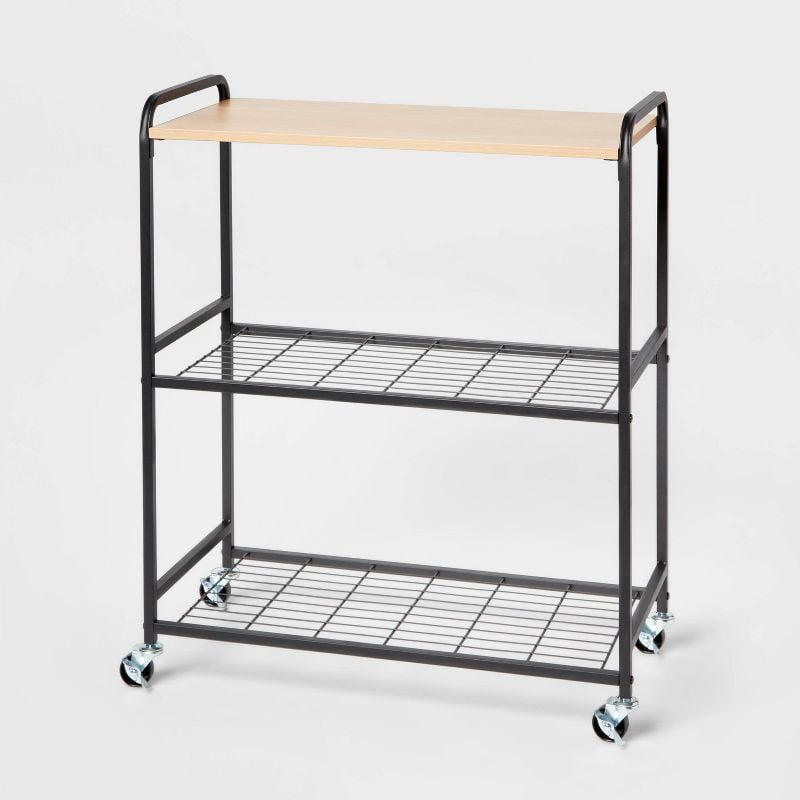 Three-Tier Black Metal and Natural Wood Storage Cart