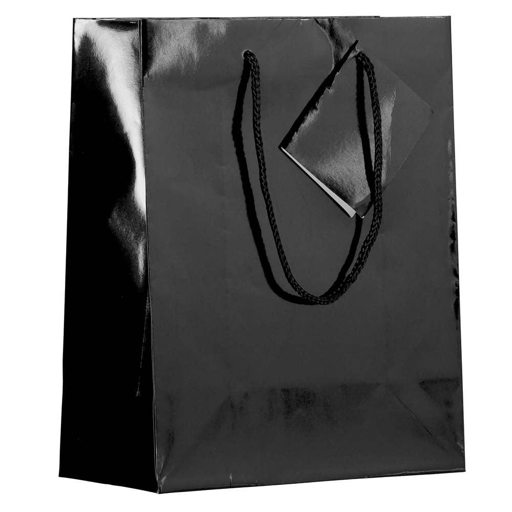 JAM Paper Medium Glossy Gift Bags, 8 x 10 x 4, Black, 3 per Pack