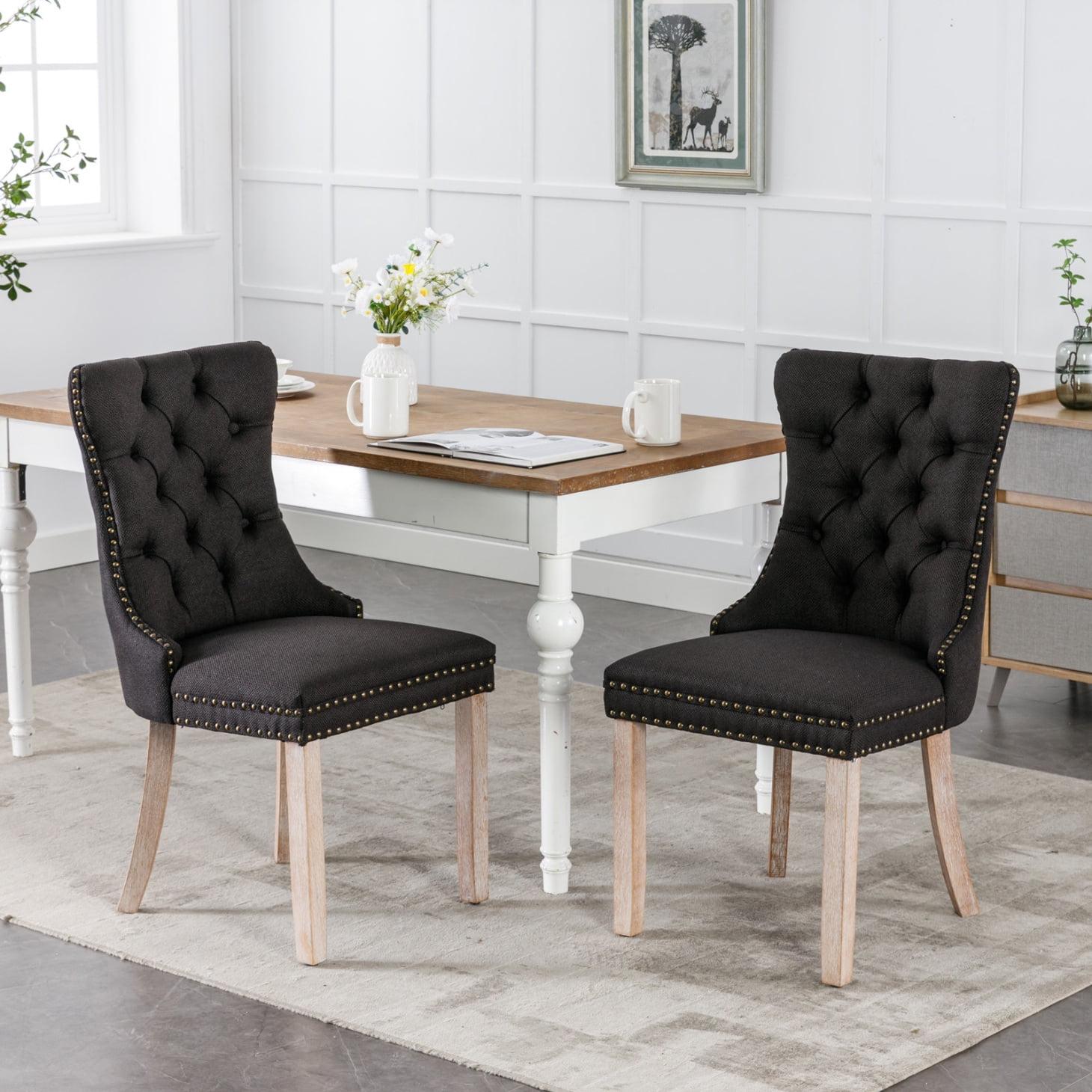 Dining Chairs Set of 2, Linen Upholstered Kitchen Chairs with Button Tufted Design, Armless Side Chairs Accent Chair for Living Room, Black