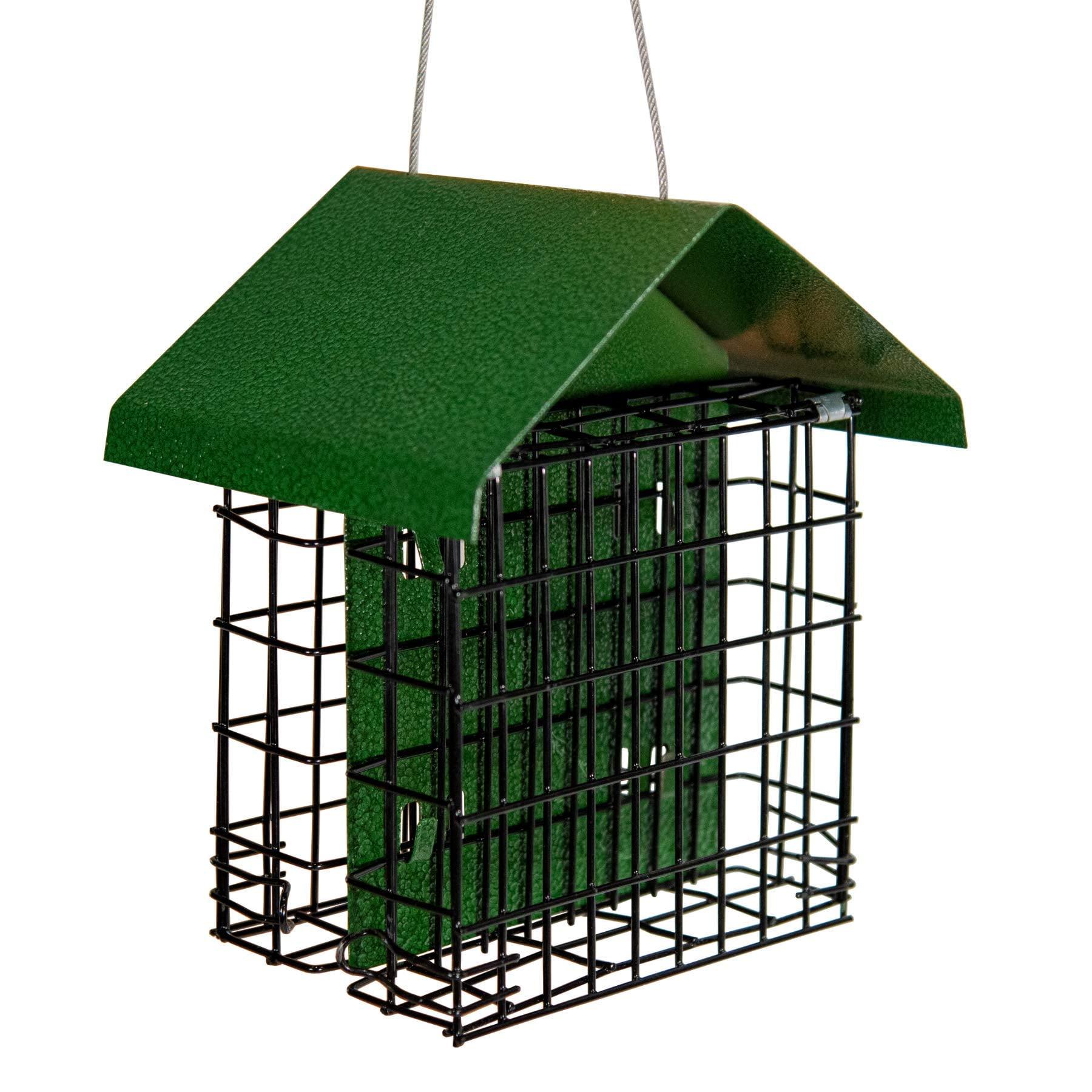 JCS Wildlife Metal House Double Suet Cage with Hammered Style Roof - Holds 2 Standard Size Suet Cakes or Seed Cakes (Green)