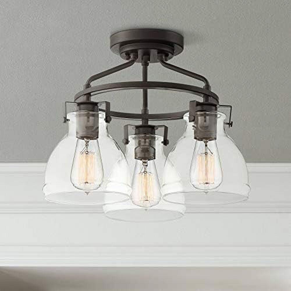 Possini Euro Design Industrial Rustic Farmhouse Ceiling Light Semi Flush Mount Fixture 14 1/2" Wide Bronze 3-Light Clear Glass Shade for Bedroom House