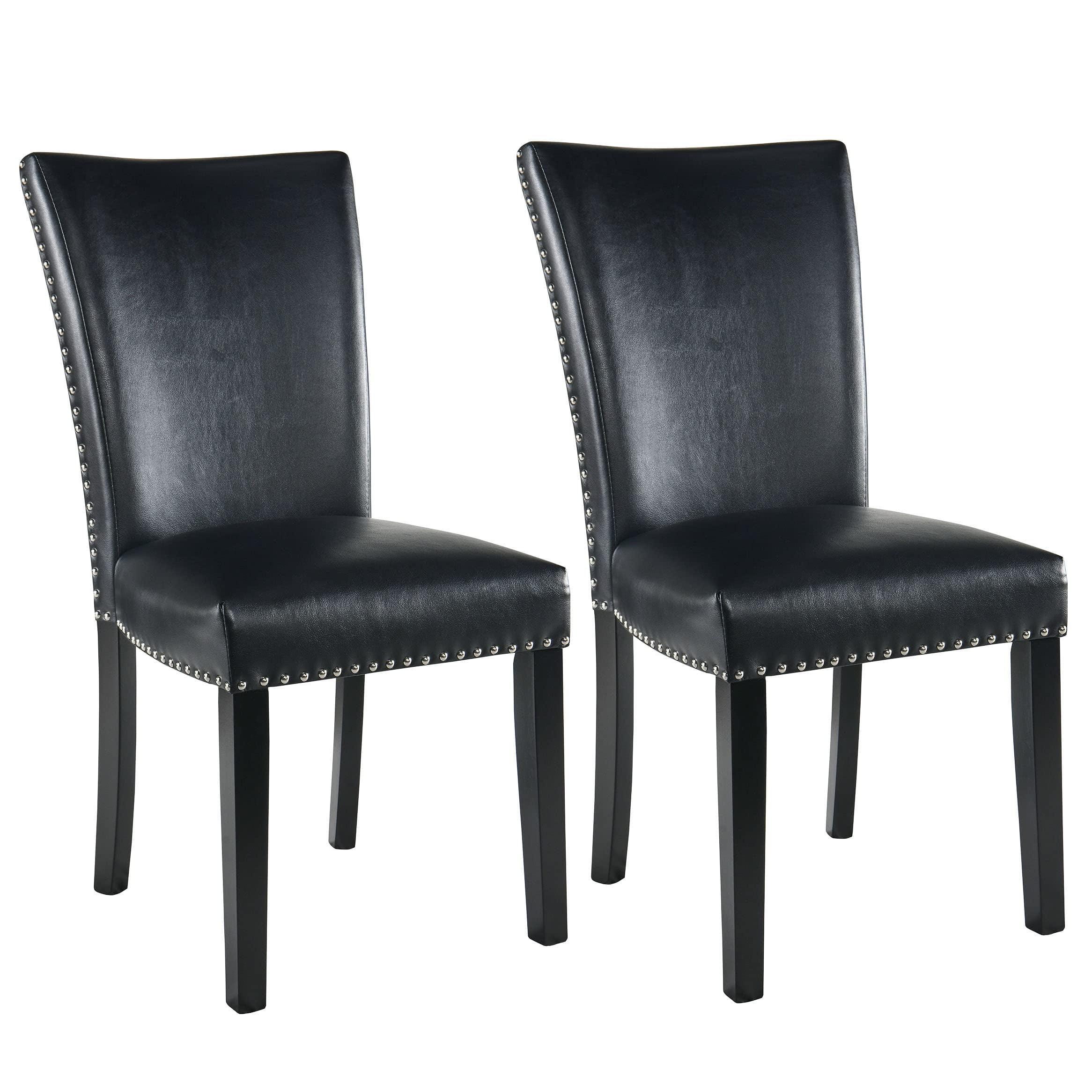 Colamy Black Upholstered Wood Legs Parsons Leather Dining Chairs with Nail head Trim Set of 2 for Dining Room